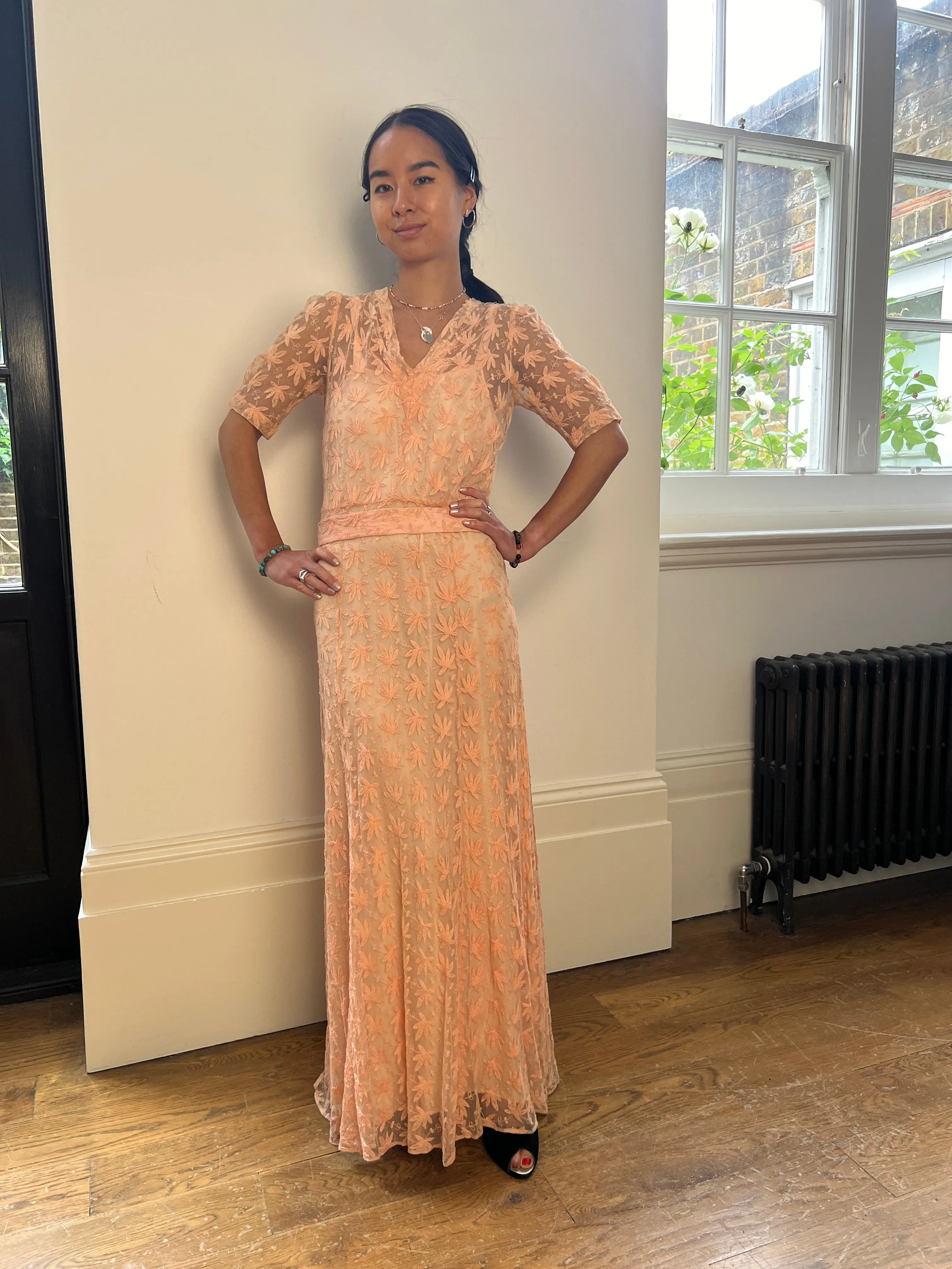 1930s Sheer Pale Pink Embroidered Lace Tea Dress Gown