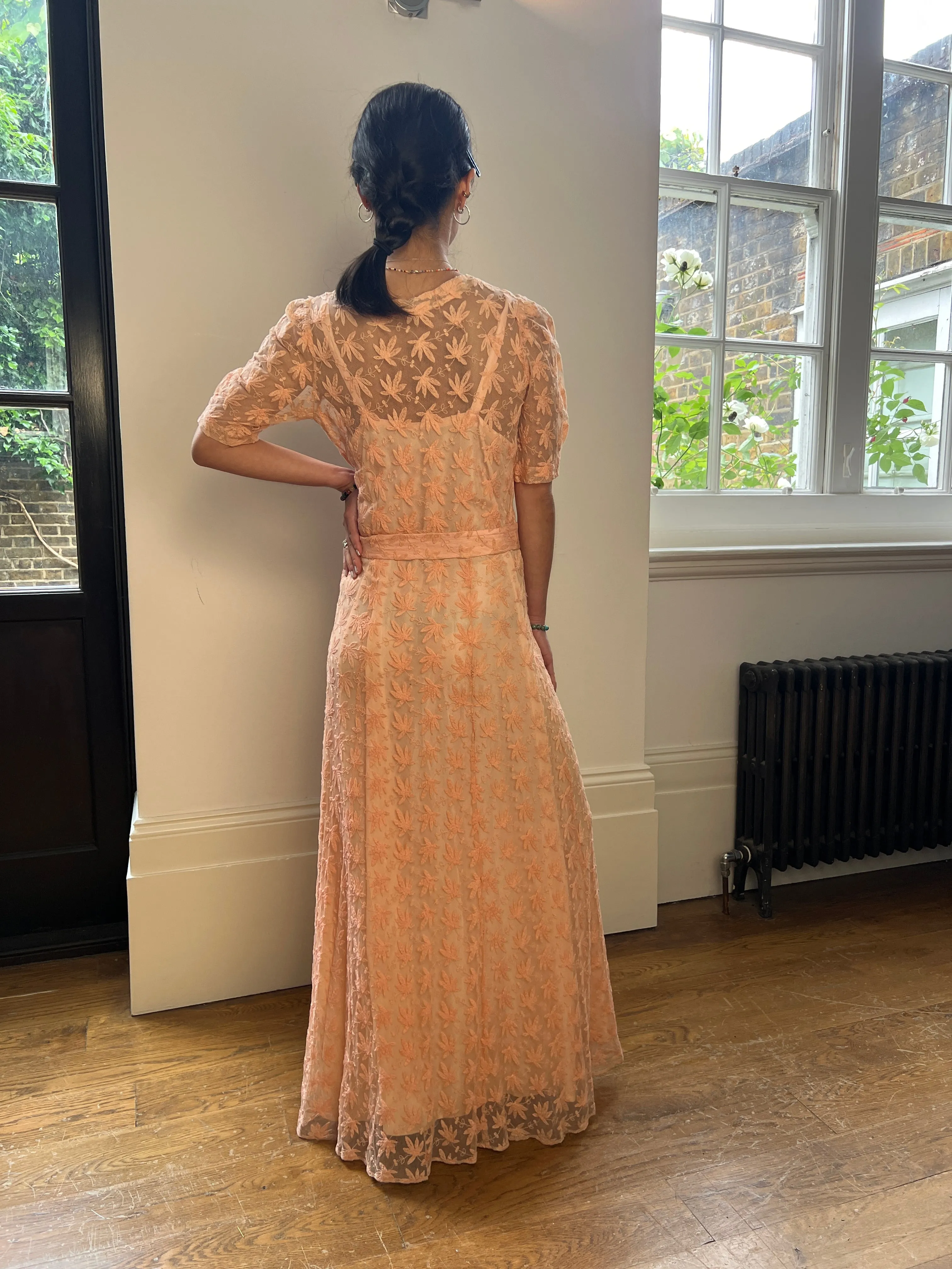 1930s Sheer Pale Pink Embroidered Lace Tea Dress Gown
