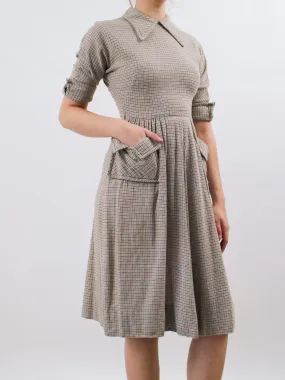 1940s Brown and Blue Plaid Wool Dress with Oversized Pockets