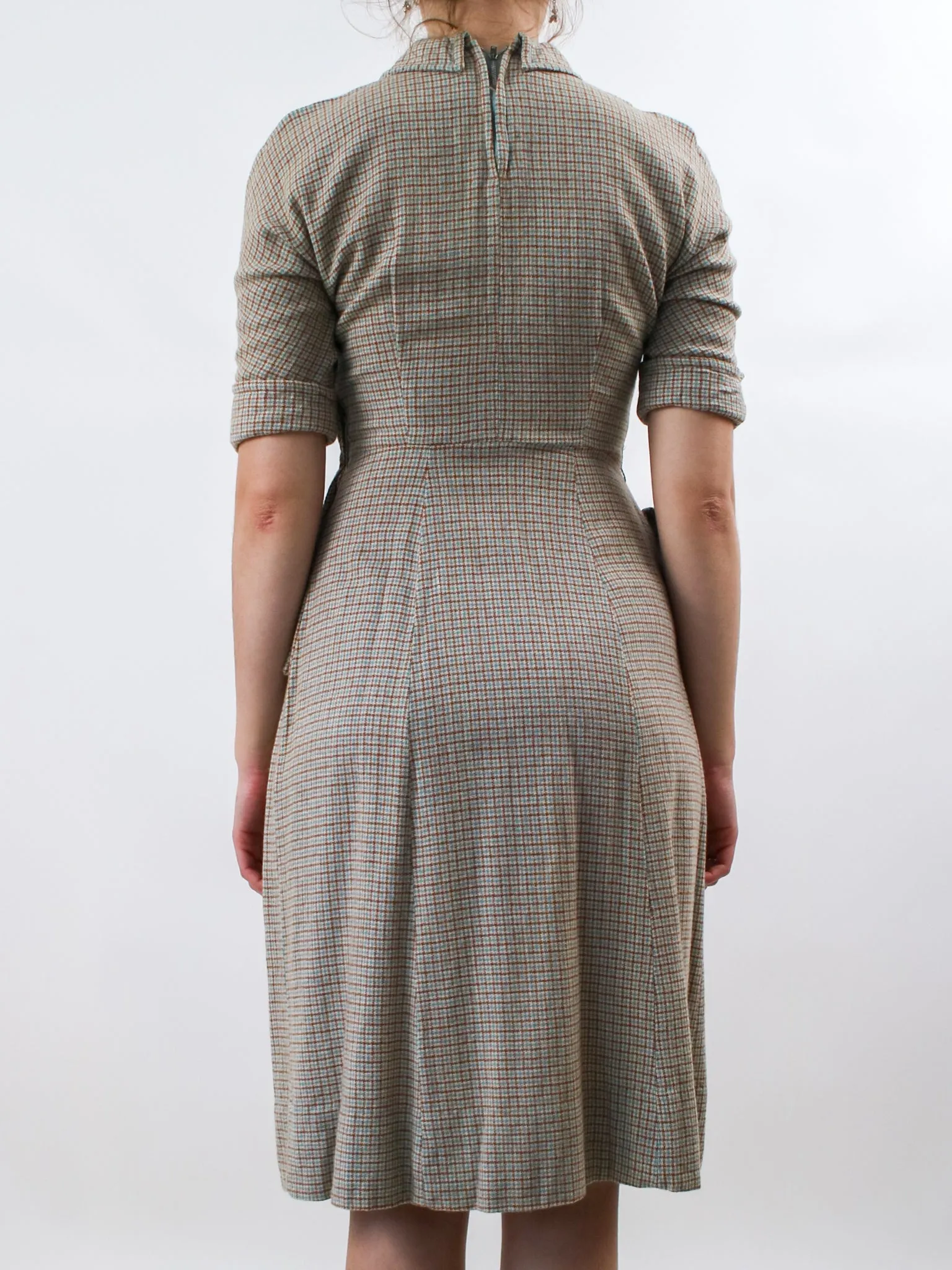 1940s Brown and Blue Plaid Wool Dress with Oversized Pockets