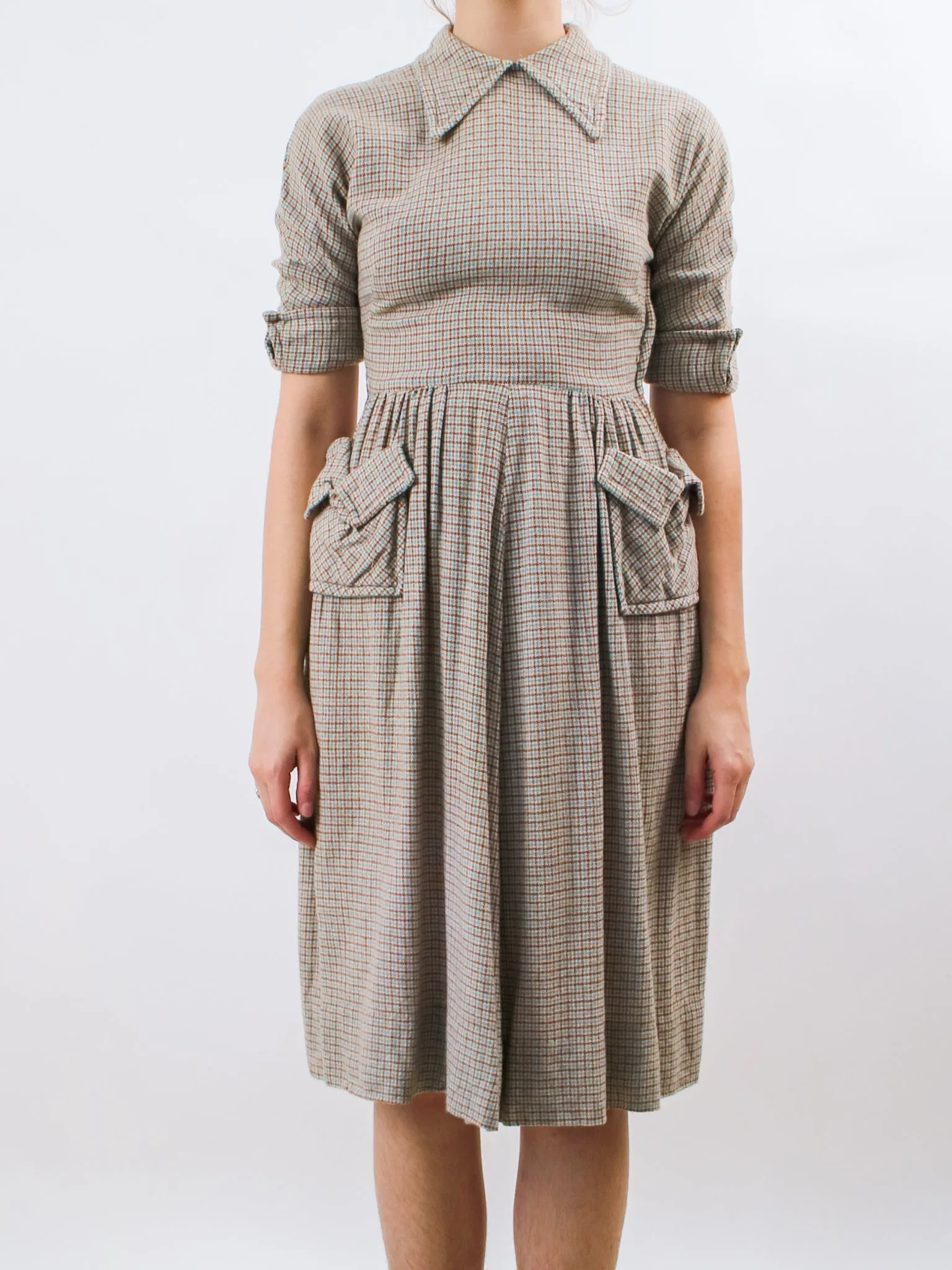 1940s Brown and Blue Plaid Wool Dress with Oversized Pockets