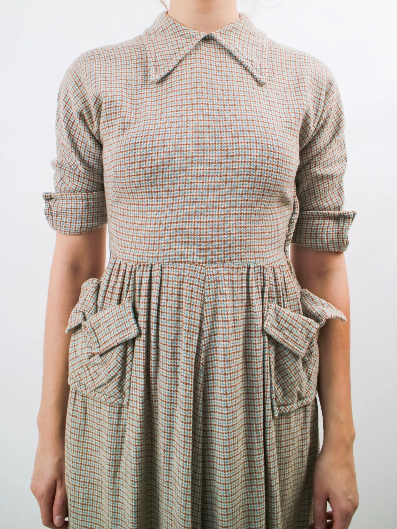 1940s Brown and Blue Plaid Wool Dress with Oversized Pockets