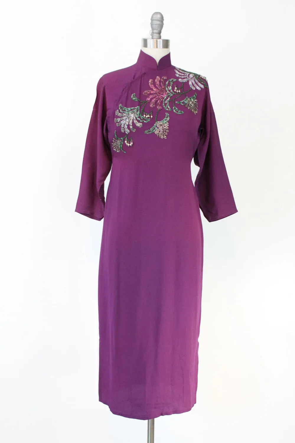 1940s sequin dress cheongsam rayon beaded qi pao small | new fall