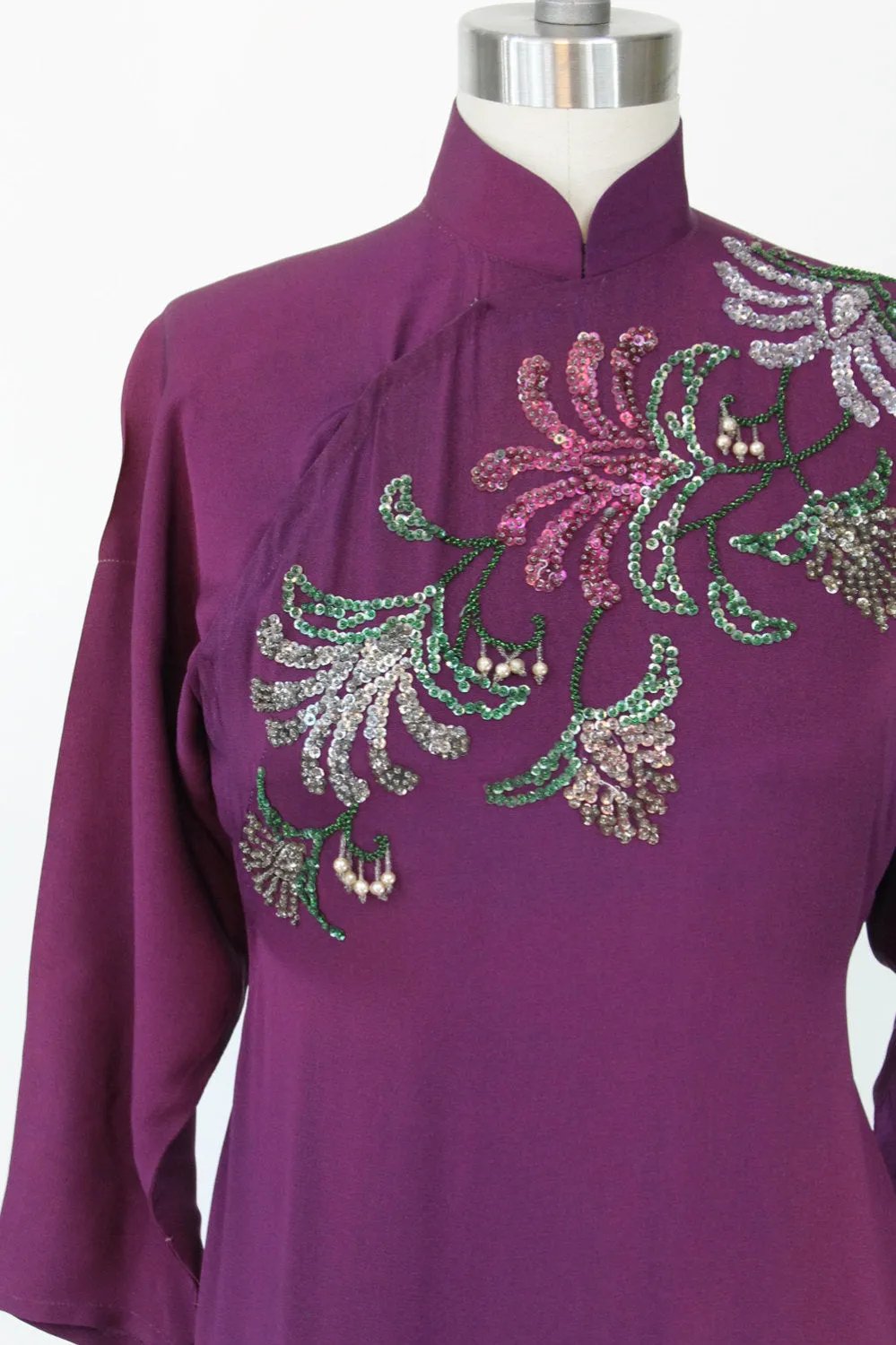 1940s sequin dress cheongsam rayon beaded qi pao small | new fall
