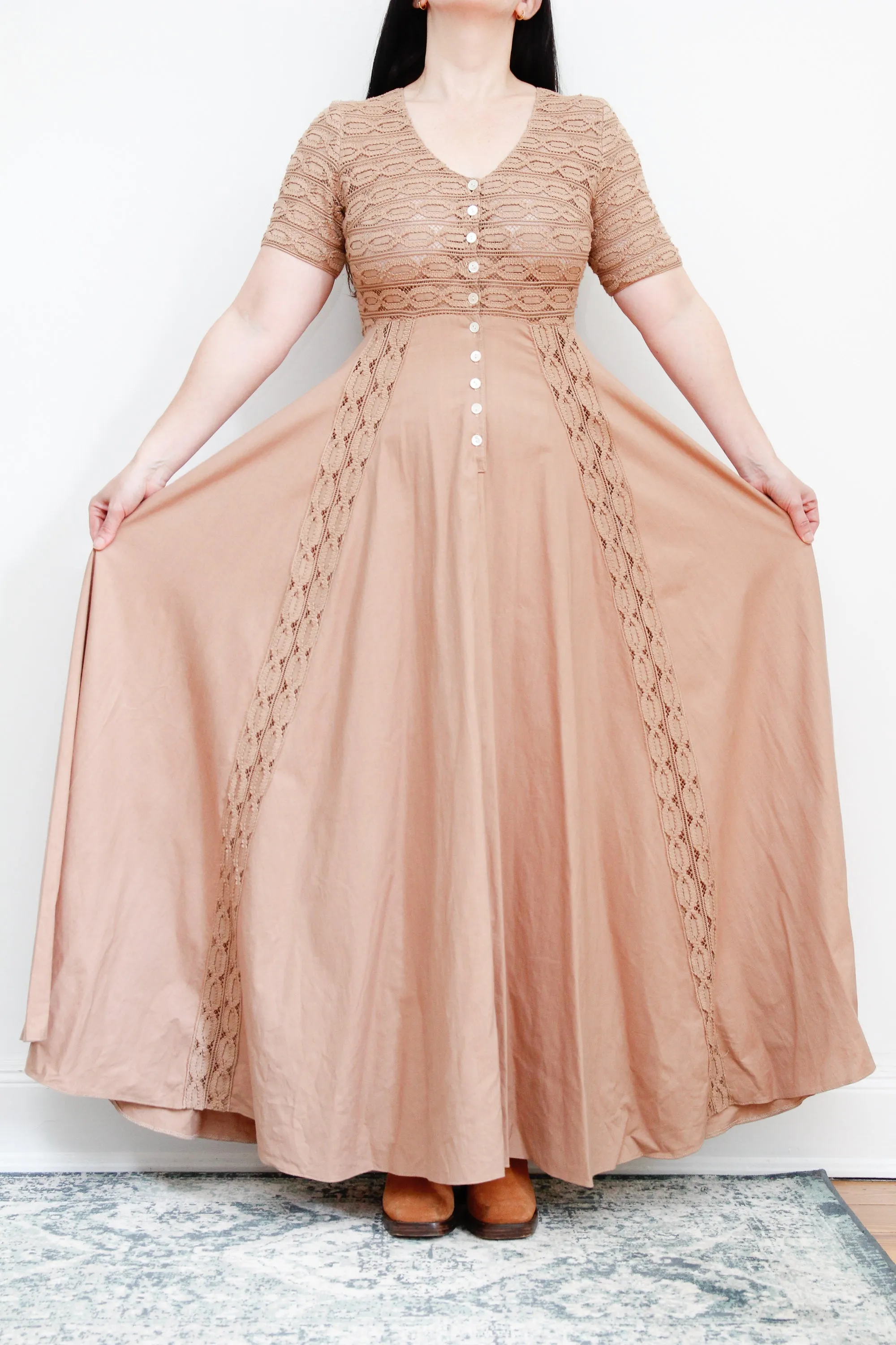 1970's Cotton Crochet Prairie Maxi Dress