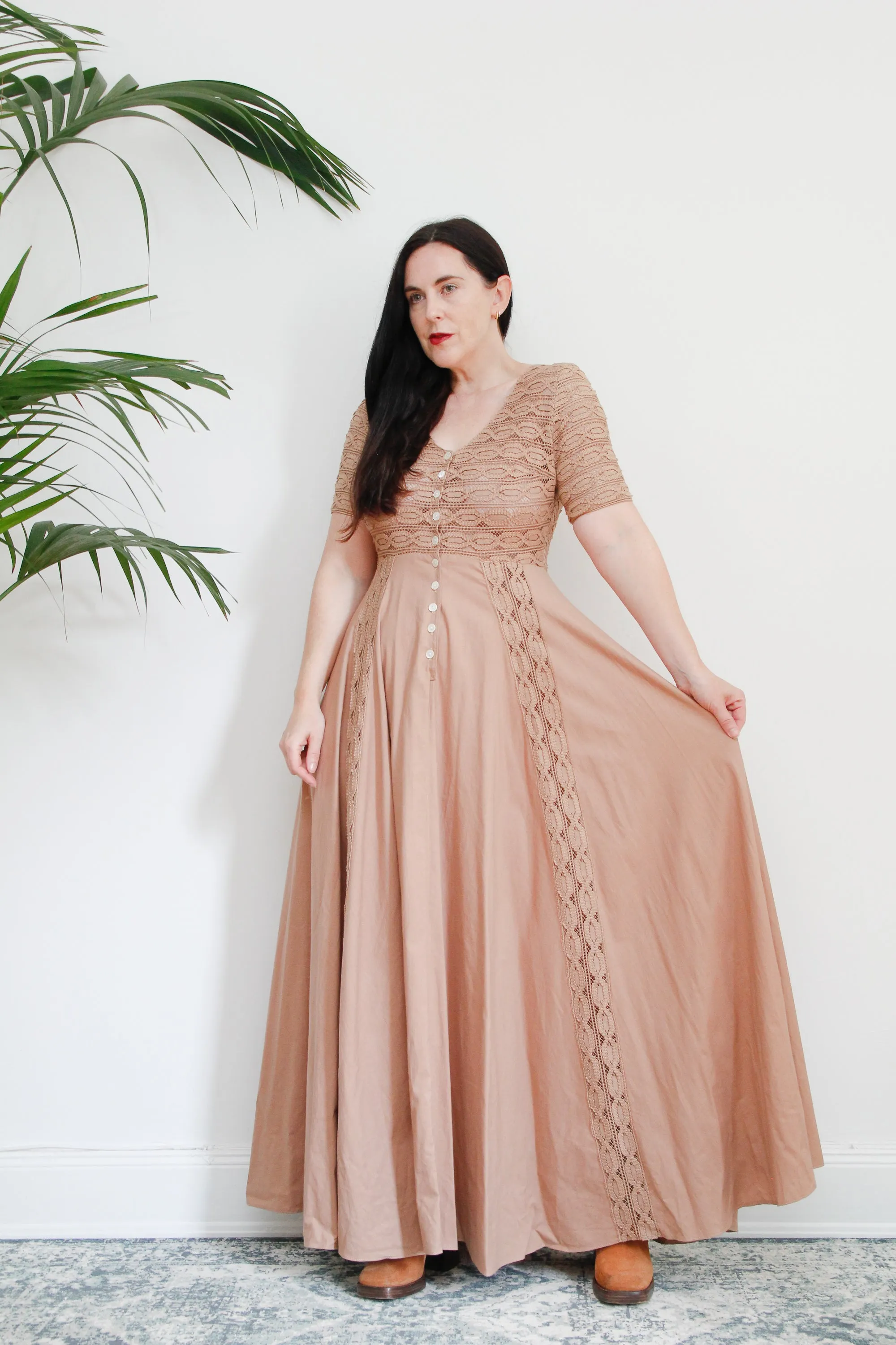 1970's Cotton Crochet Prairie Maxi Dress