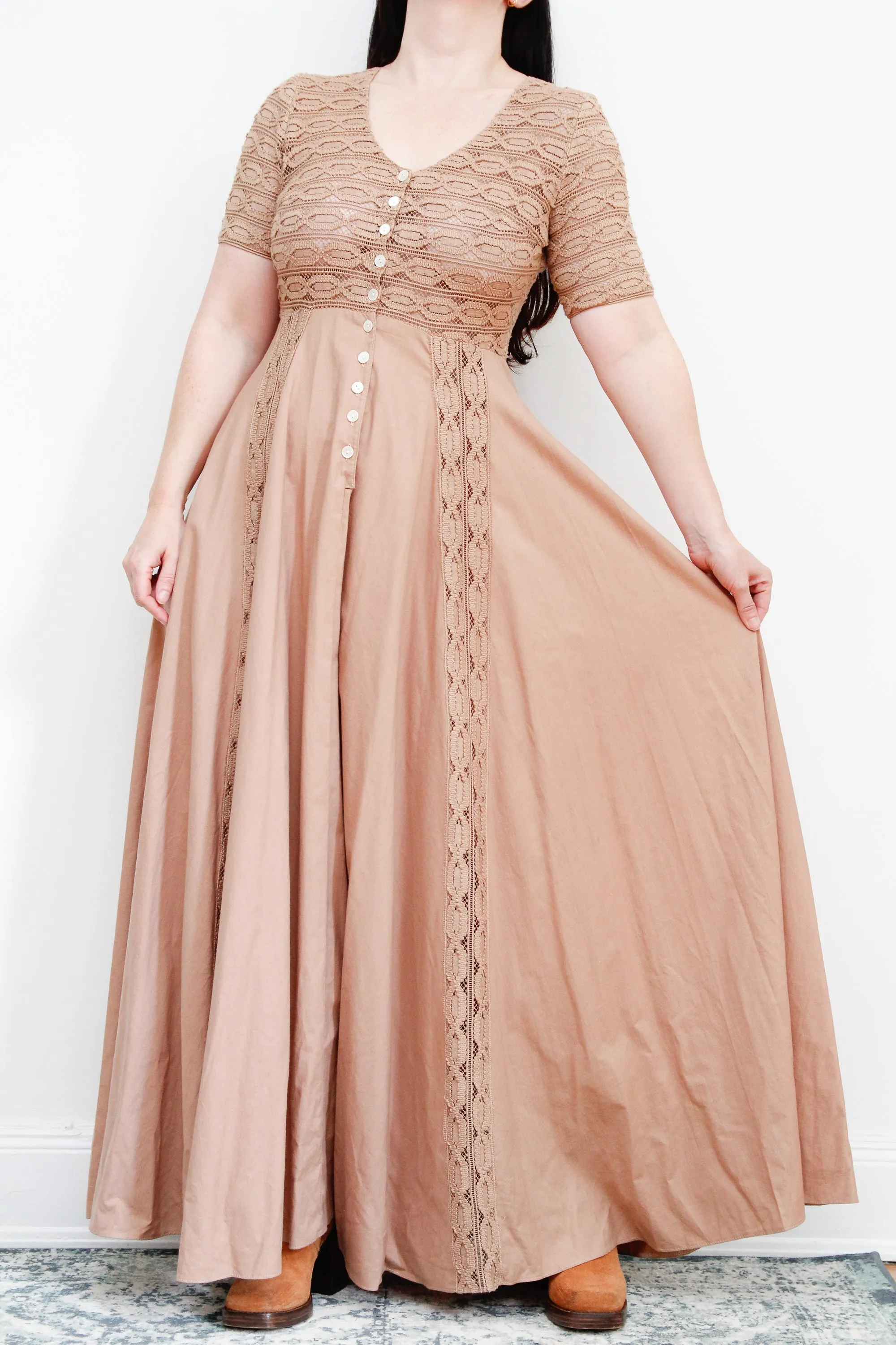 1970's Cotton Crochet Prairie Maxi Dress