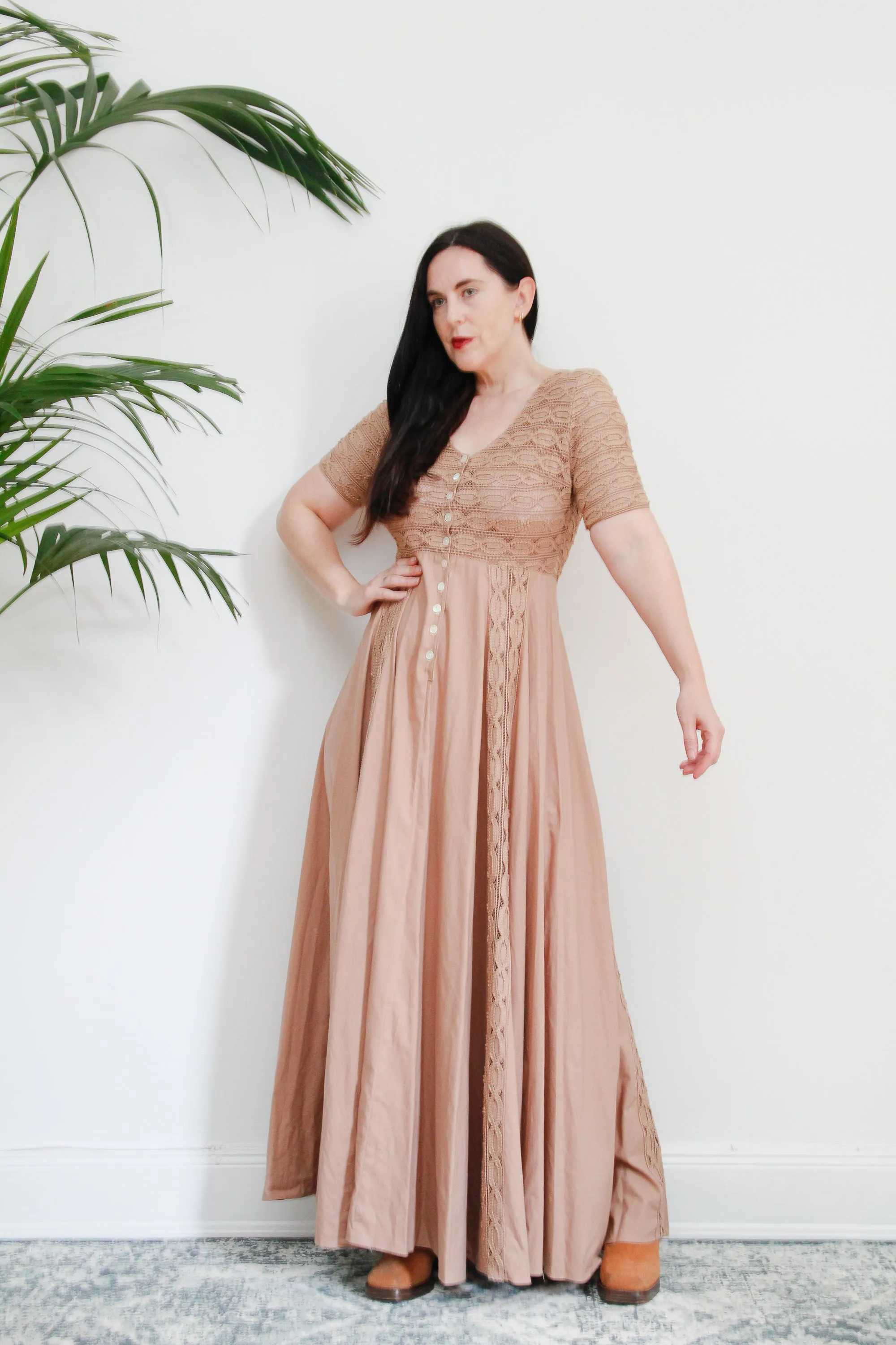 1970's Cotton Crochet Prairie Maxi Dress