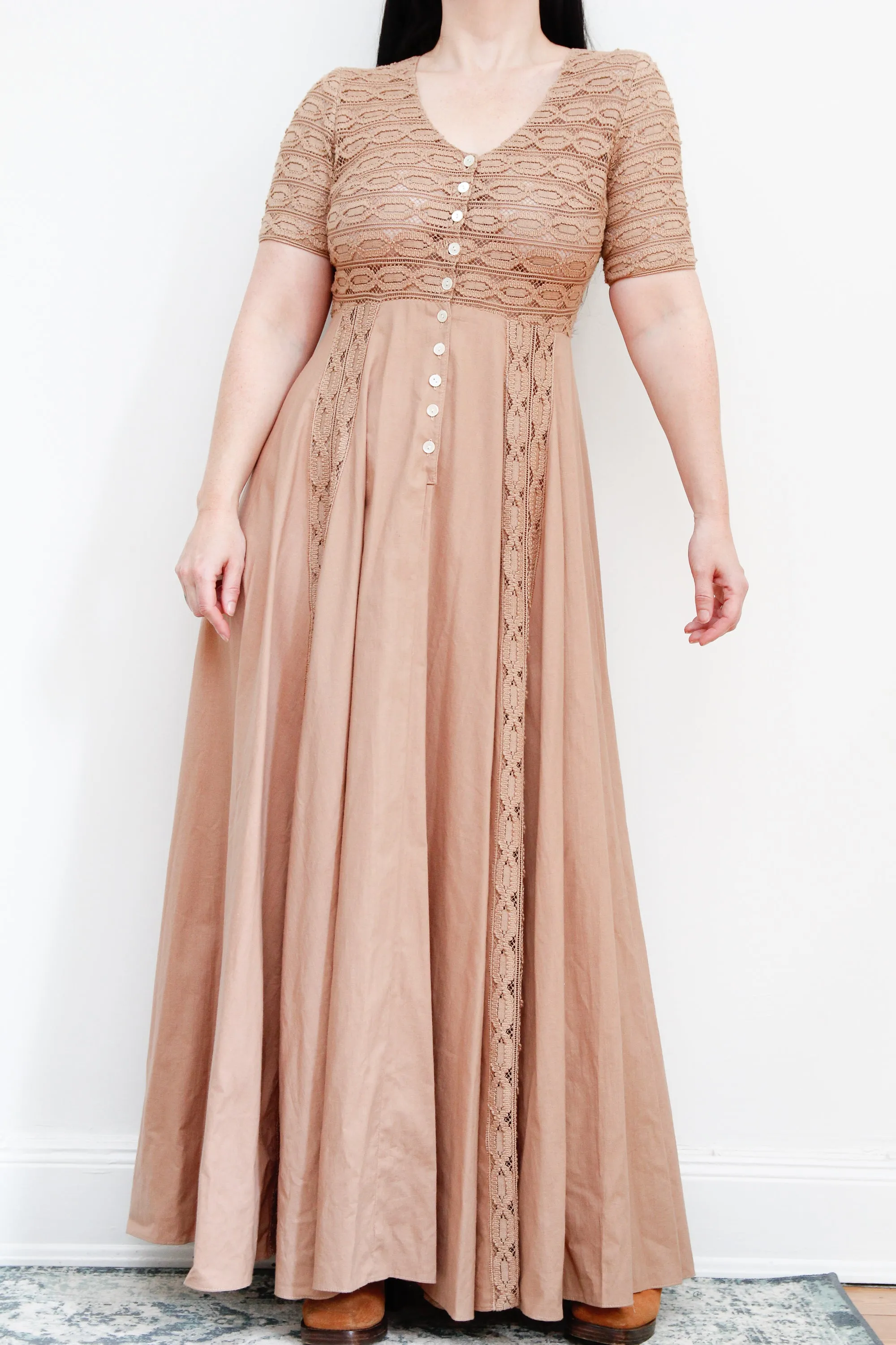 1970's Cotton Crochet Prairie Maxi Dress