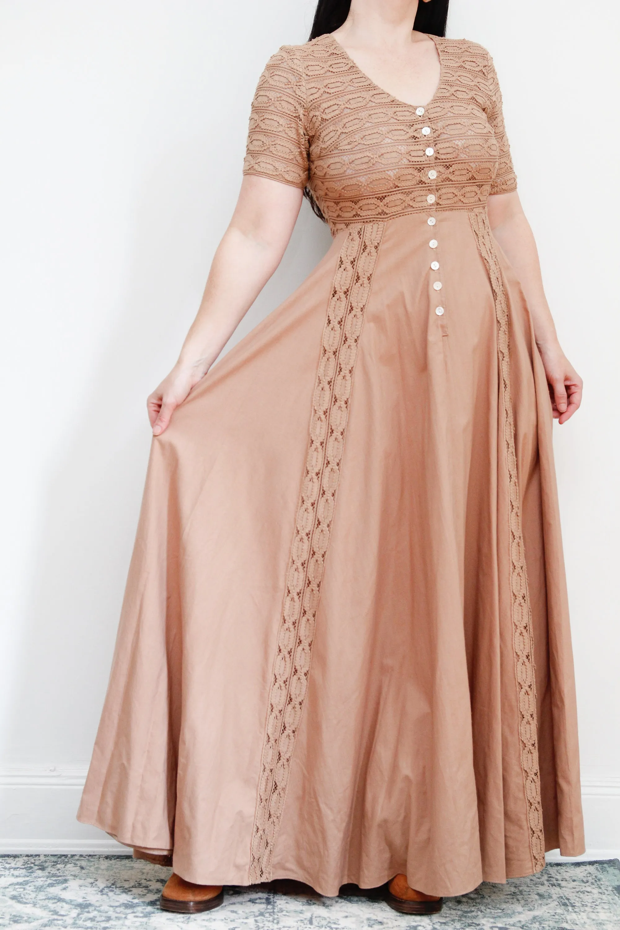 1970's Cotton Crochet Prairie Maxi Dress