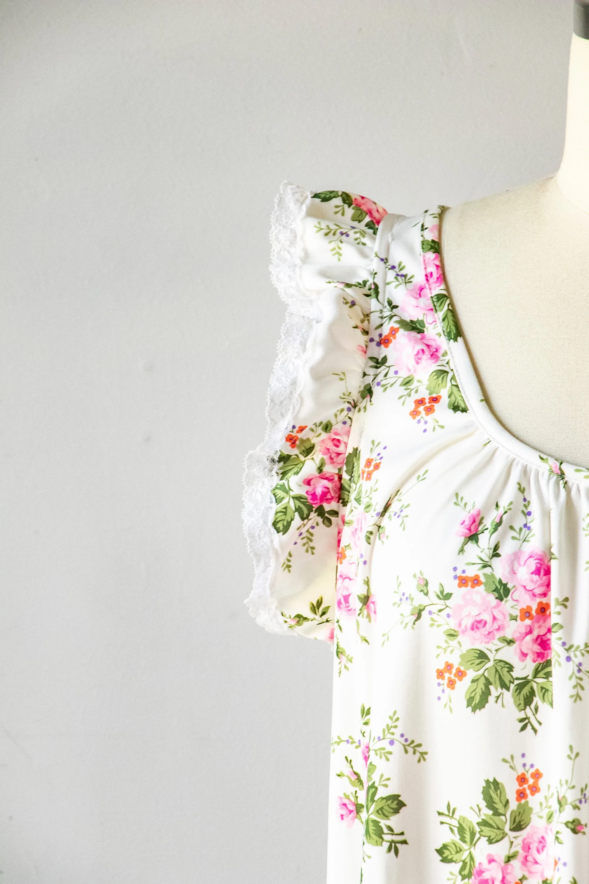1970s Nightgown Slip Dress Floral Maxi S/M