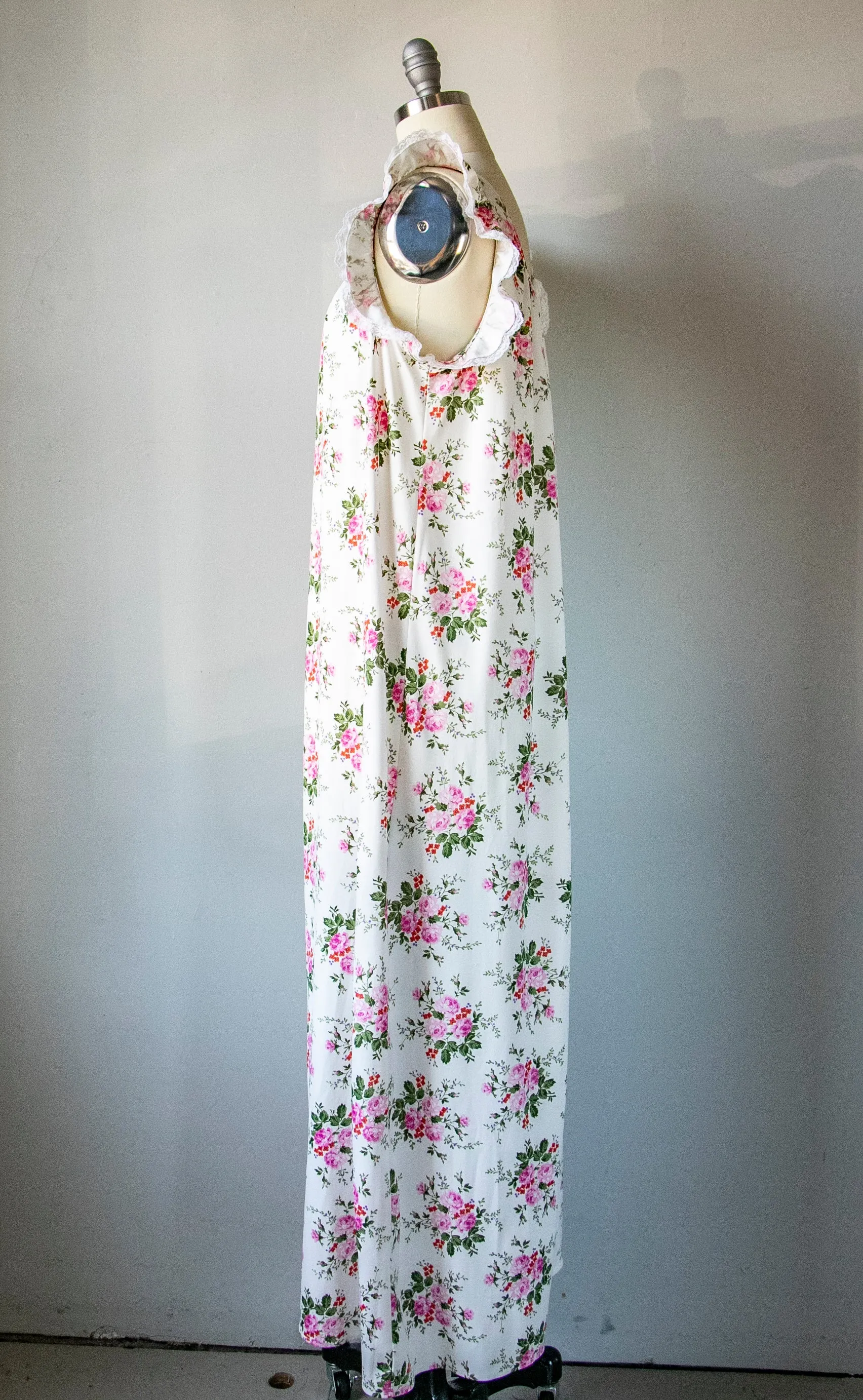 1970s Nightgown Slip Dress Floral Maxi S/M