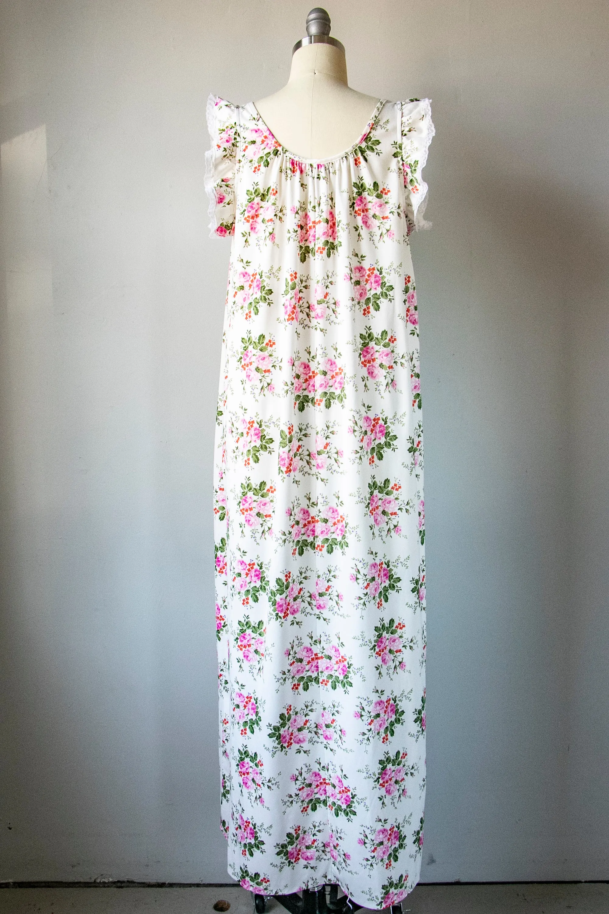 1970s Nightgown Slip Dress Floral Maxi S/M