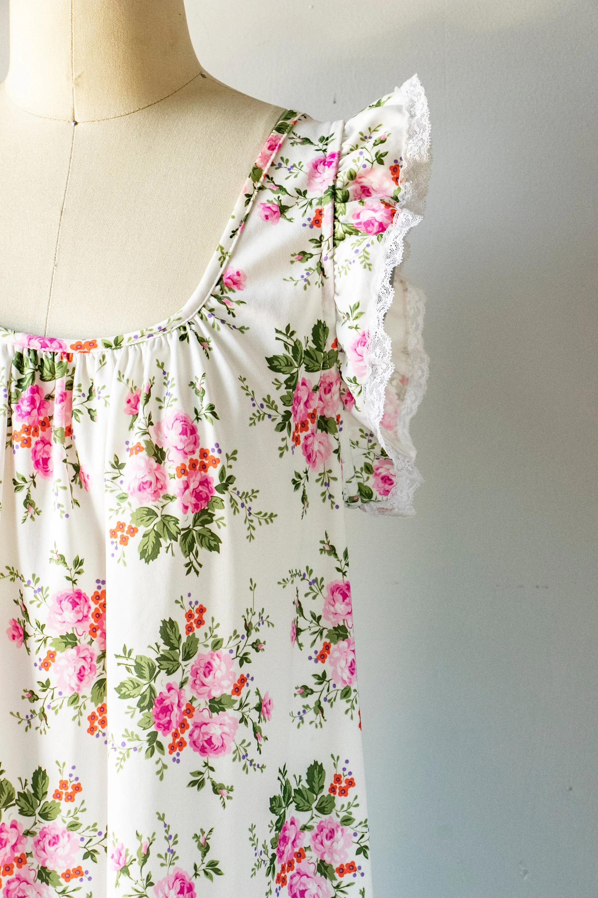 1970s Nightgown Slip Dress Floral Maxi S/M
