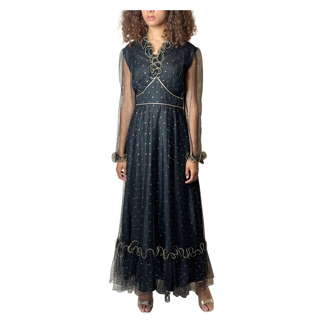 1970's Original Vintage Black Lace & Gold Polka Dot Dress UK 12 - 14