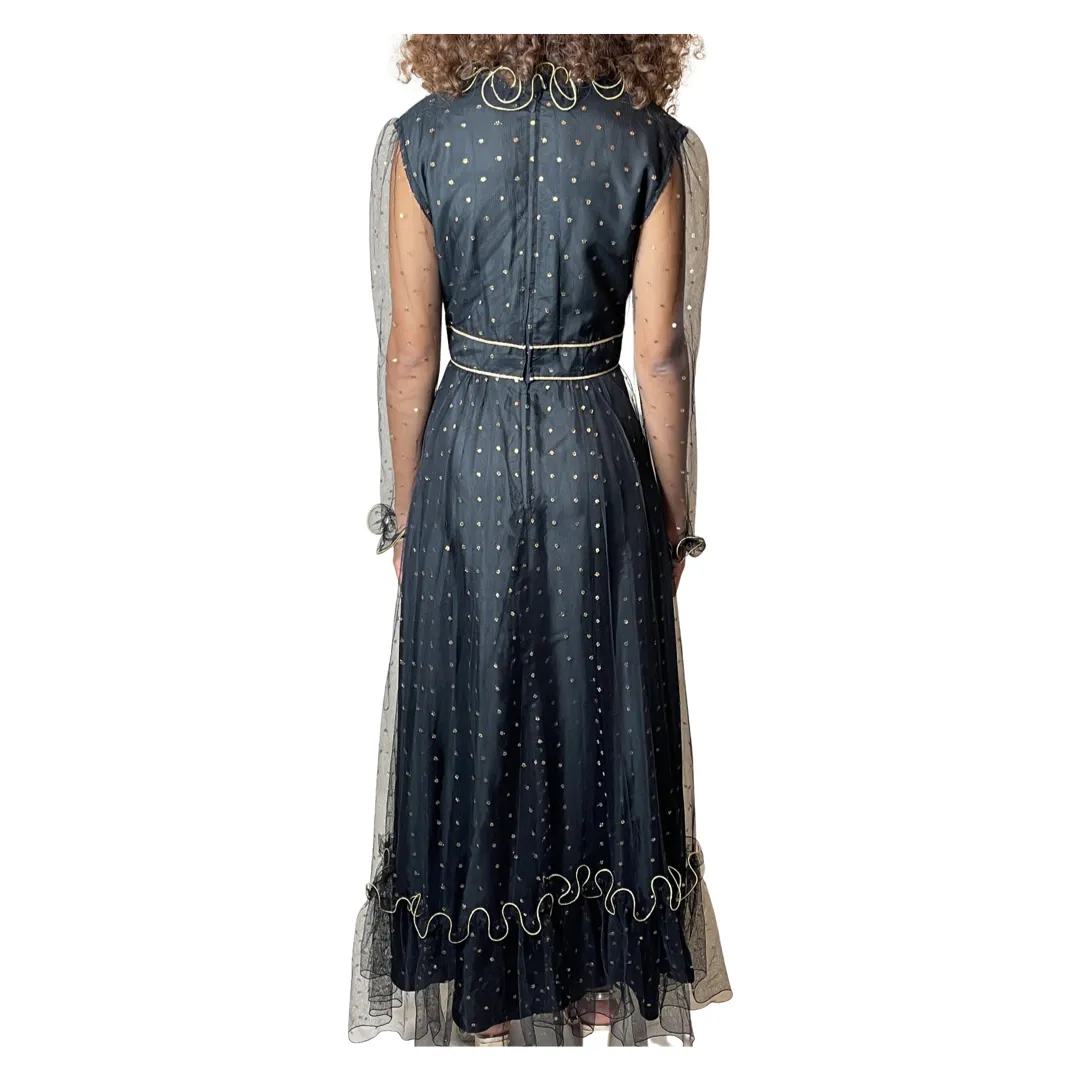 1970's Original Vintage Black Lace & Gold Polka Dot Dress UK 12 - 14