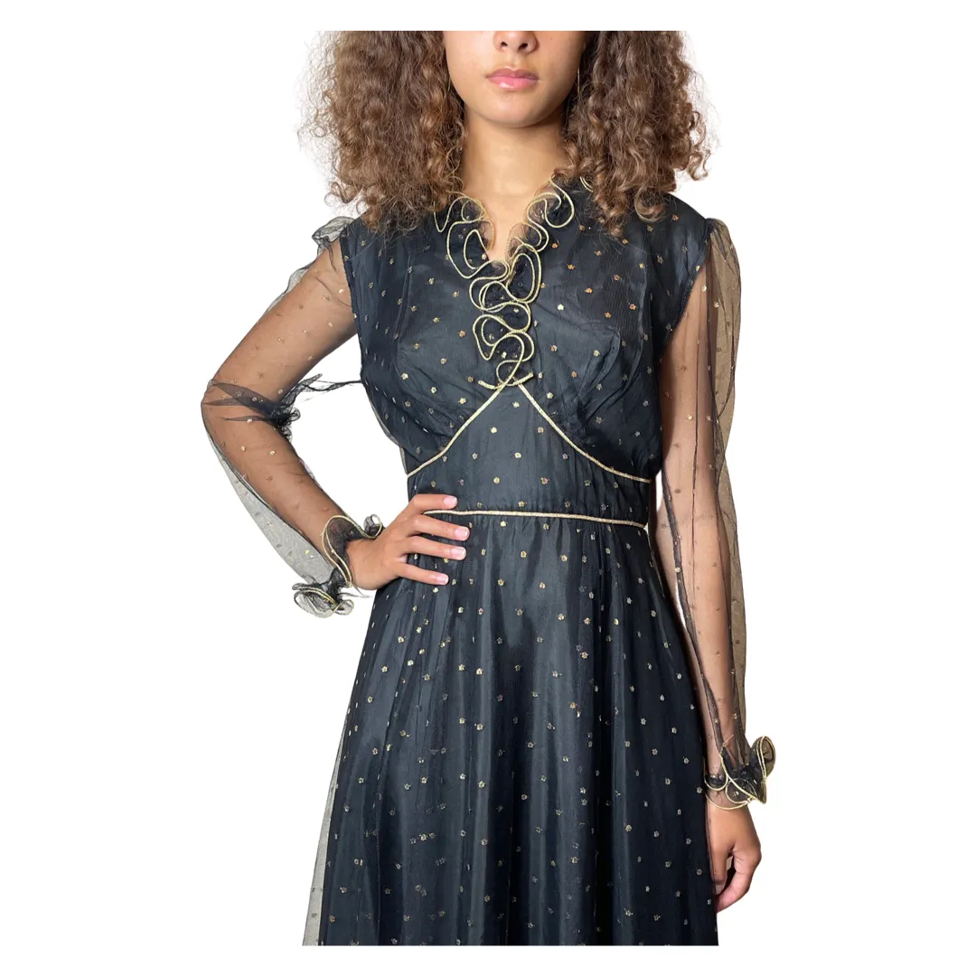 1970's Original Vintage Black Lace & Gold Polka Dot Dress UK 12 - 14