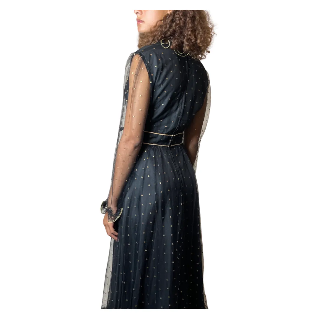 1970's Original Vintage Black Lace & Gold Polka Dot Dress UK 12 - 14