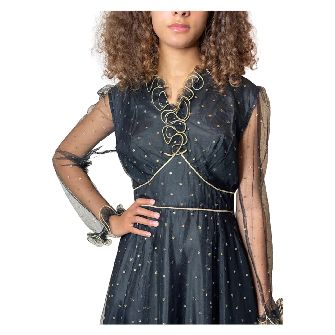 1970's Original Vintage Black Lace & Gold Polka Dot Dress UK 12 - 14