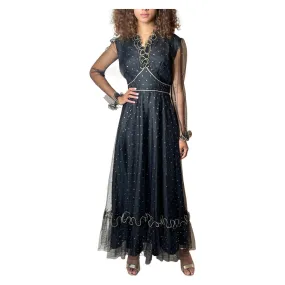 1970's Original Vintage Black Lace & Gold Polka Dot Dress UK 12 - 14