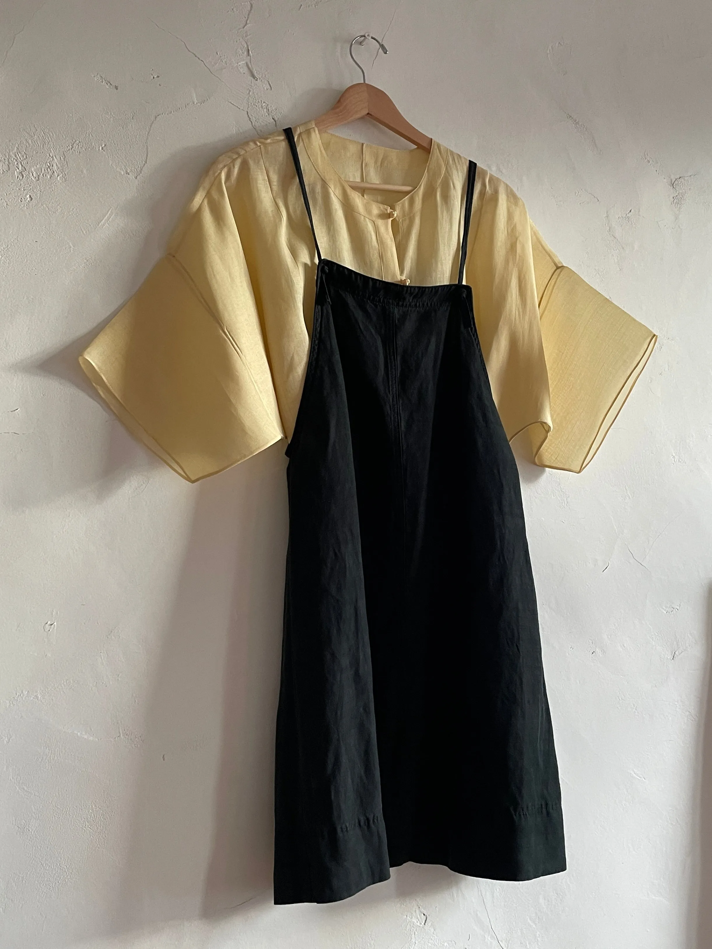 1980s-1990s Black Silk Linen Overalls Mini Dress