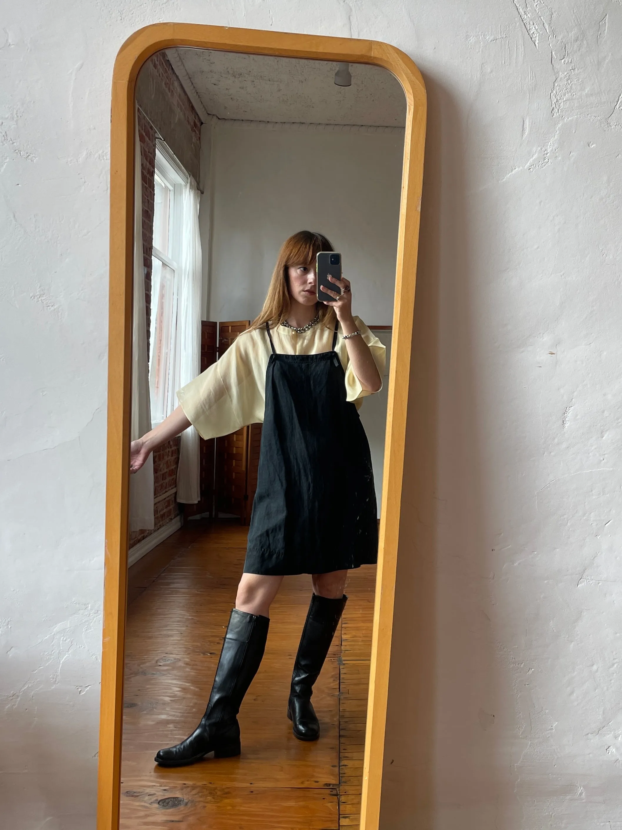 1980s-1990s Black Silk Linen Overalls Mini Dress