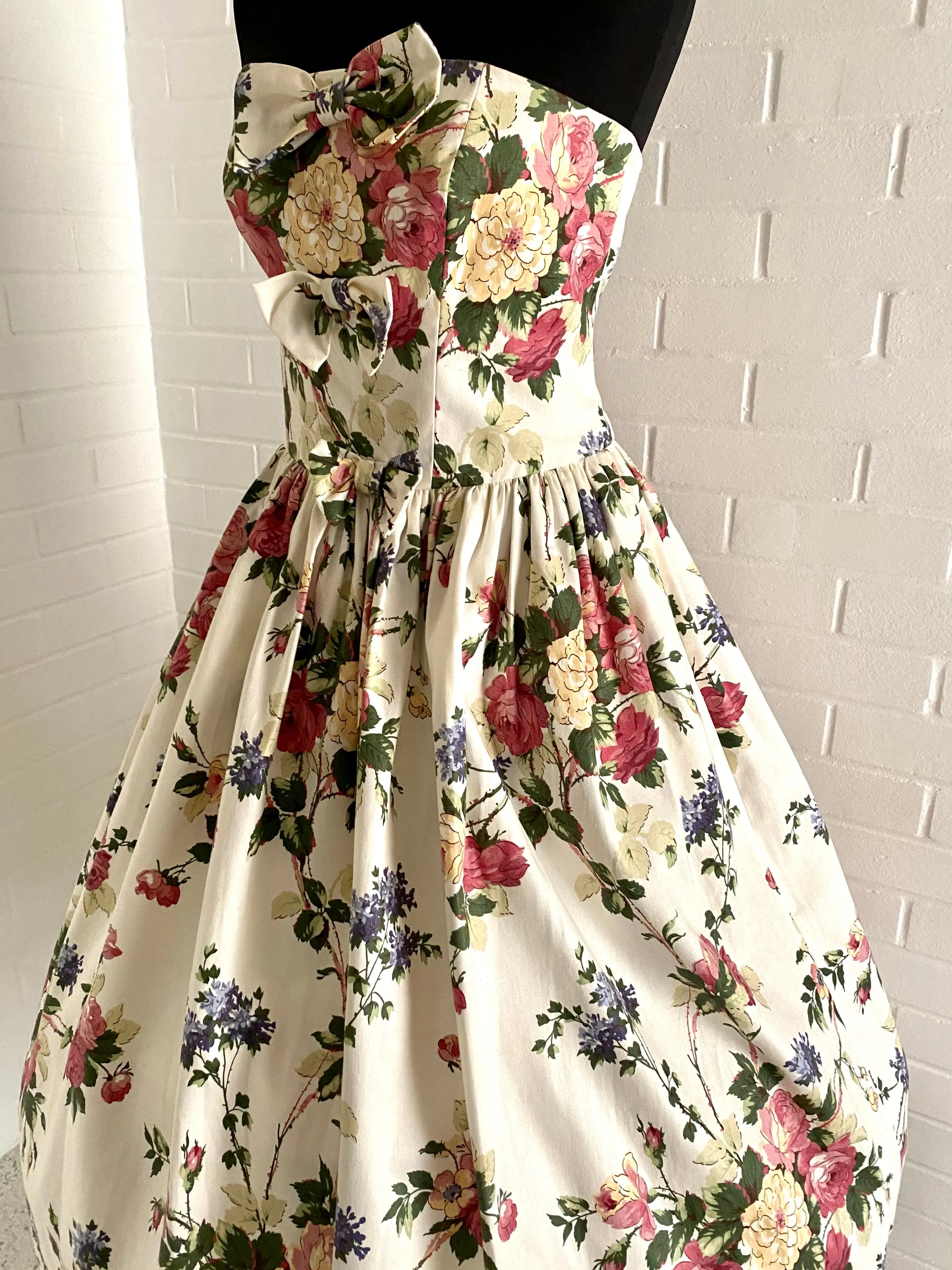 1980s S.G.Gilbert Strapless Flowered Dress
