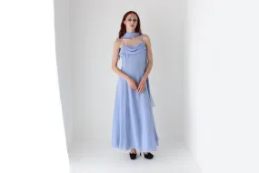 90s Cornflower Blue Spaghetti Strap Prom Slip Dress w/ Shawl