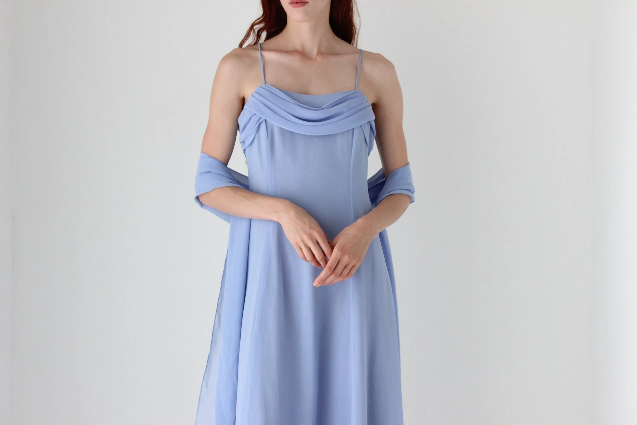 90s Cornflower Blue Spaghetti Strap Prom Slip Dress w/ Shawl
