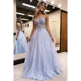 A-line Straps Lilac Applique Illusion Long Prom Dress Evening Gowns