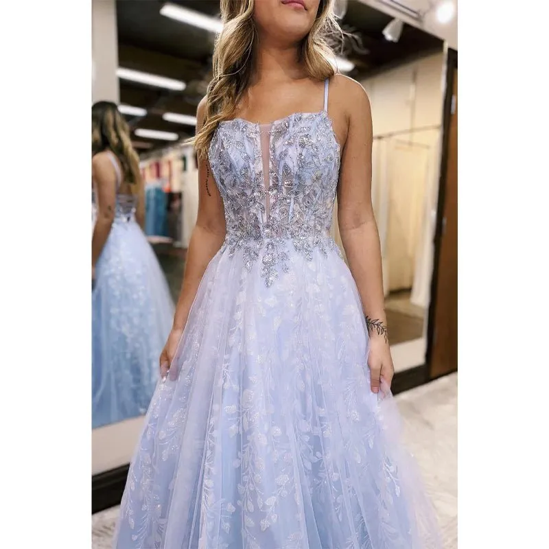 A-line Straps Lilac Applique Illusion Long Prom Dress Evening Gowns