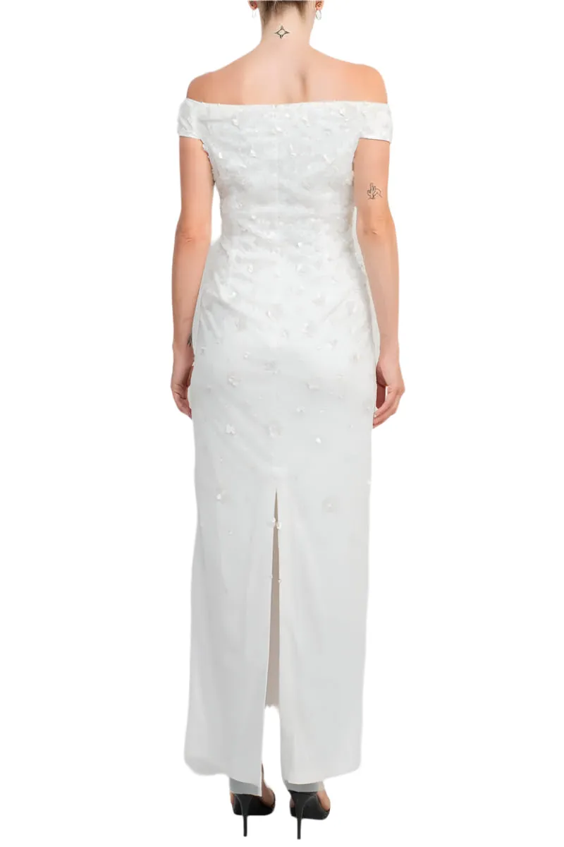 Adrianna Papell Off-Shoulder Zipper Back Sequined Beaded Column Mesh Gown