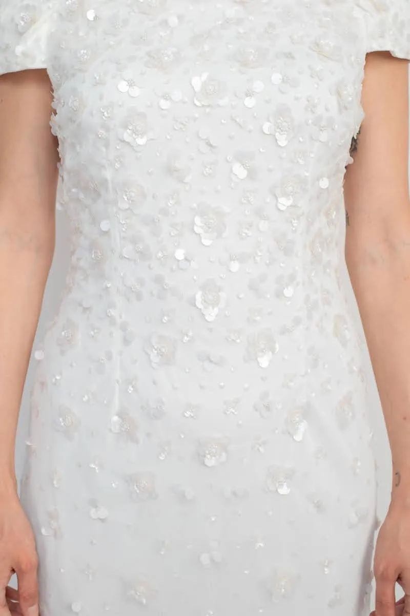 Adrianna Papell Off-Shoulder Zipper Back Sequined Beaded Column Mesh Gown