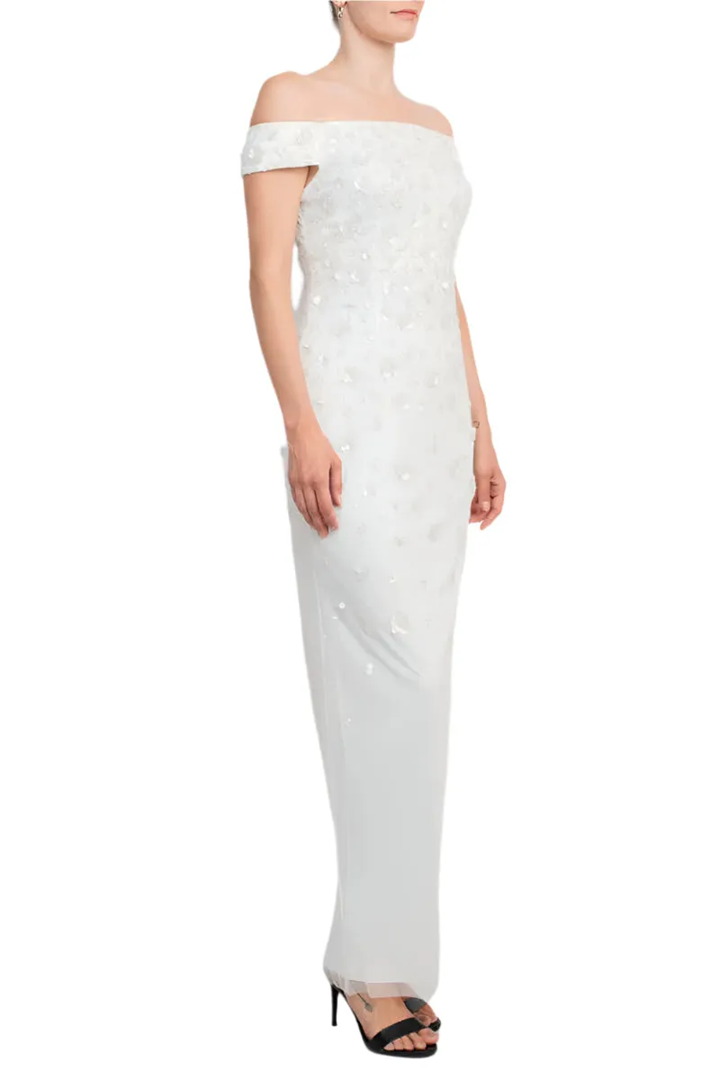 Adrianna Papell Off-Shoulder Zipper Back Sequined Beaded Column Mesh Gown