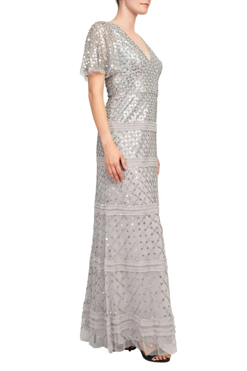 Aidan Mattox V-Neck Short Sleeve Beaded Sequined Piping Detail Zipper Back Mesh Dress