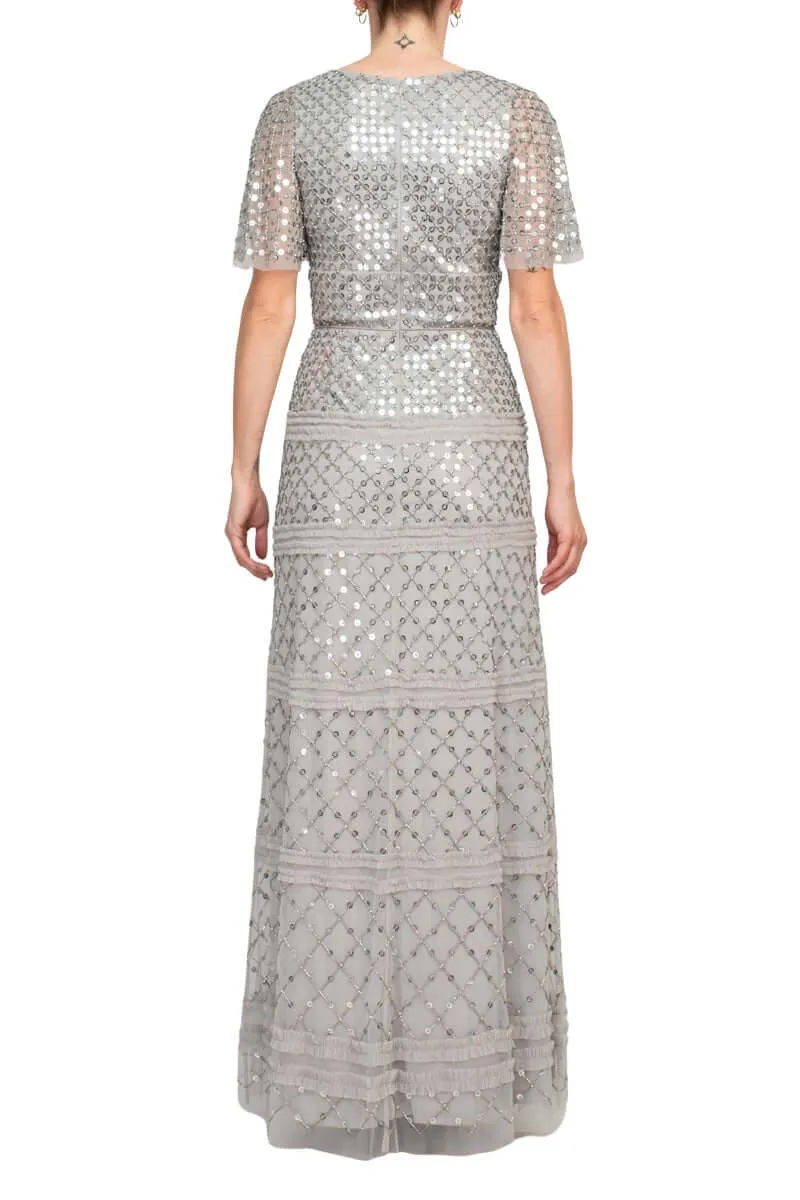 Aidan Mattox V-Neck Short Sleeve Beaded Sequined Piping Detail Zipper Back Mesh Dress