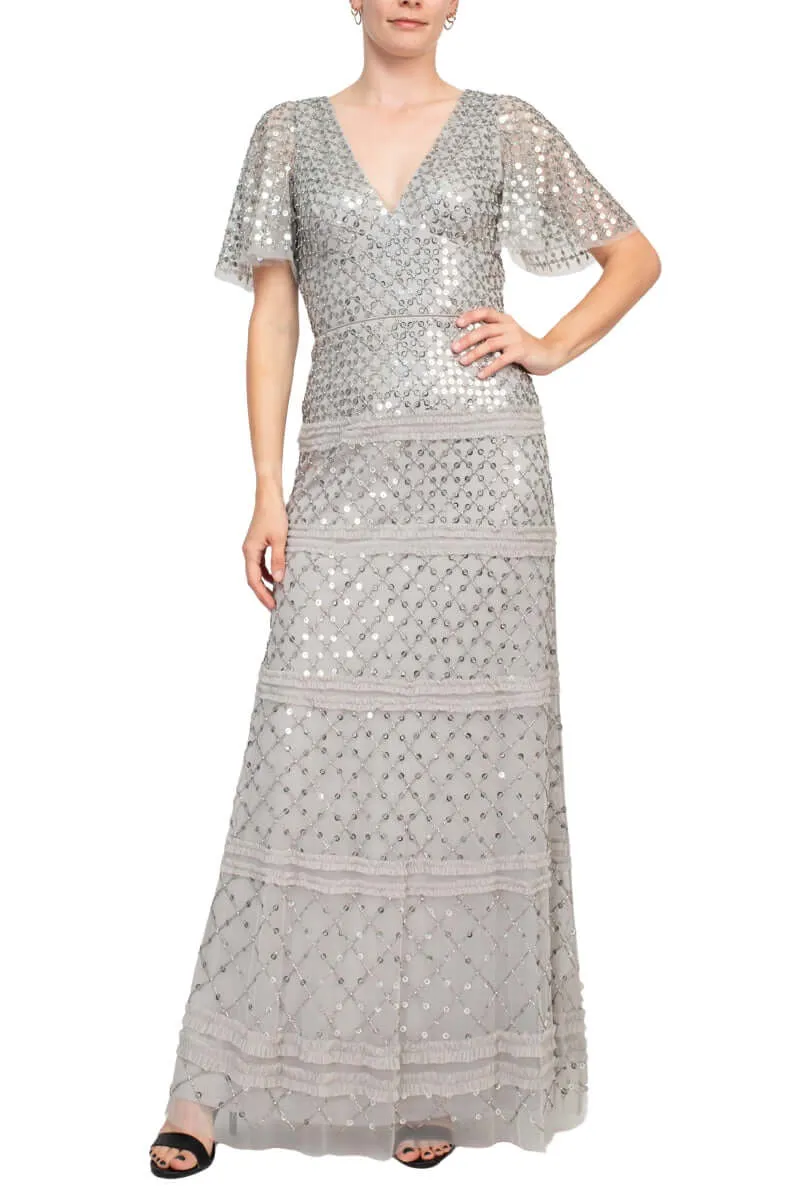 Aidan Mattox V-Neck Short Sleeve Beaded Sequined Piping Detail Zipper Back Mesh Dress