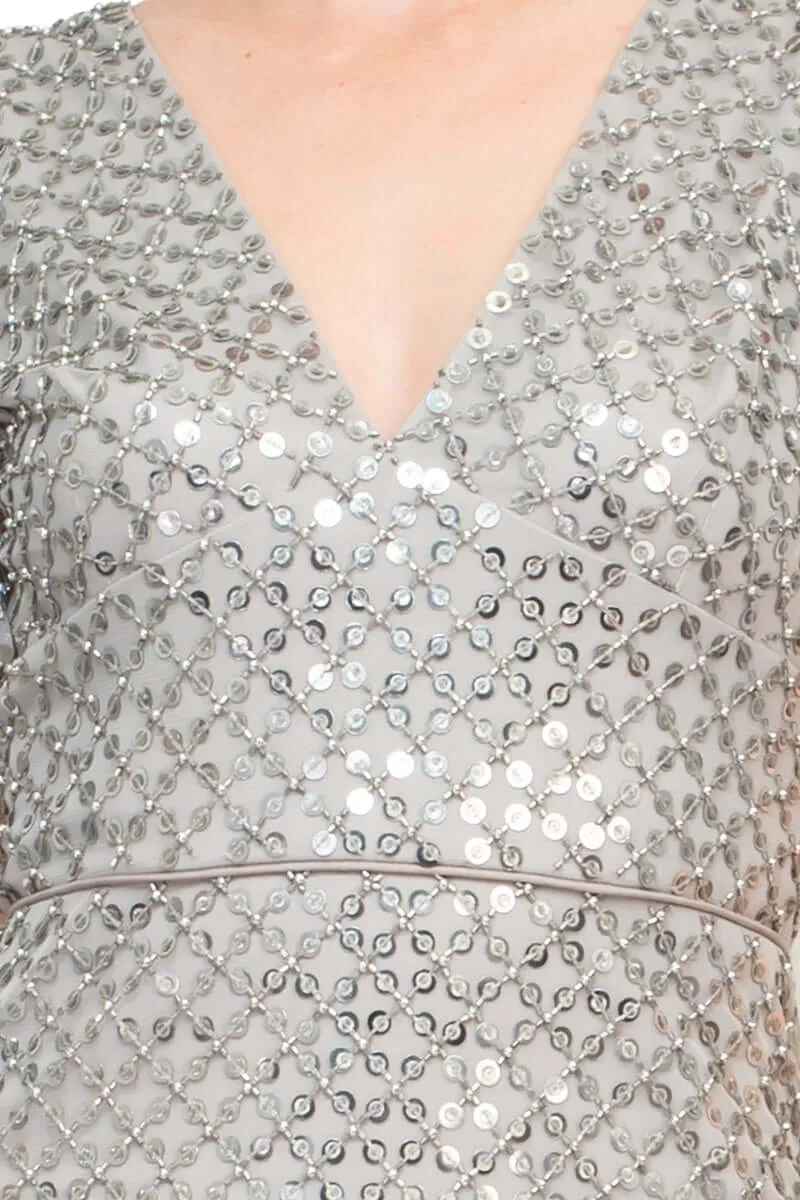 Aidan Mattox V-Neck Short Sleeve Beaded Sequined Piping Detail Zipper Back Mesh Dress