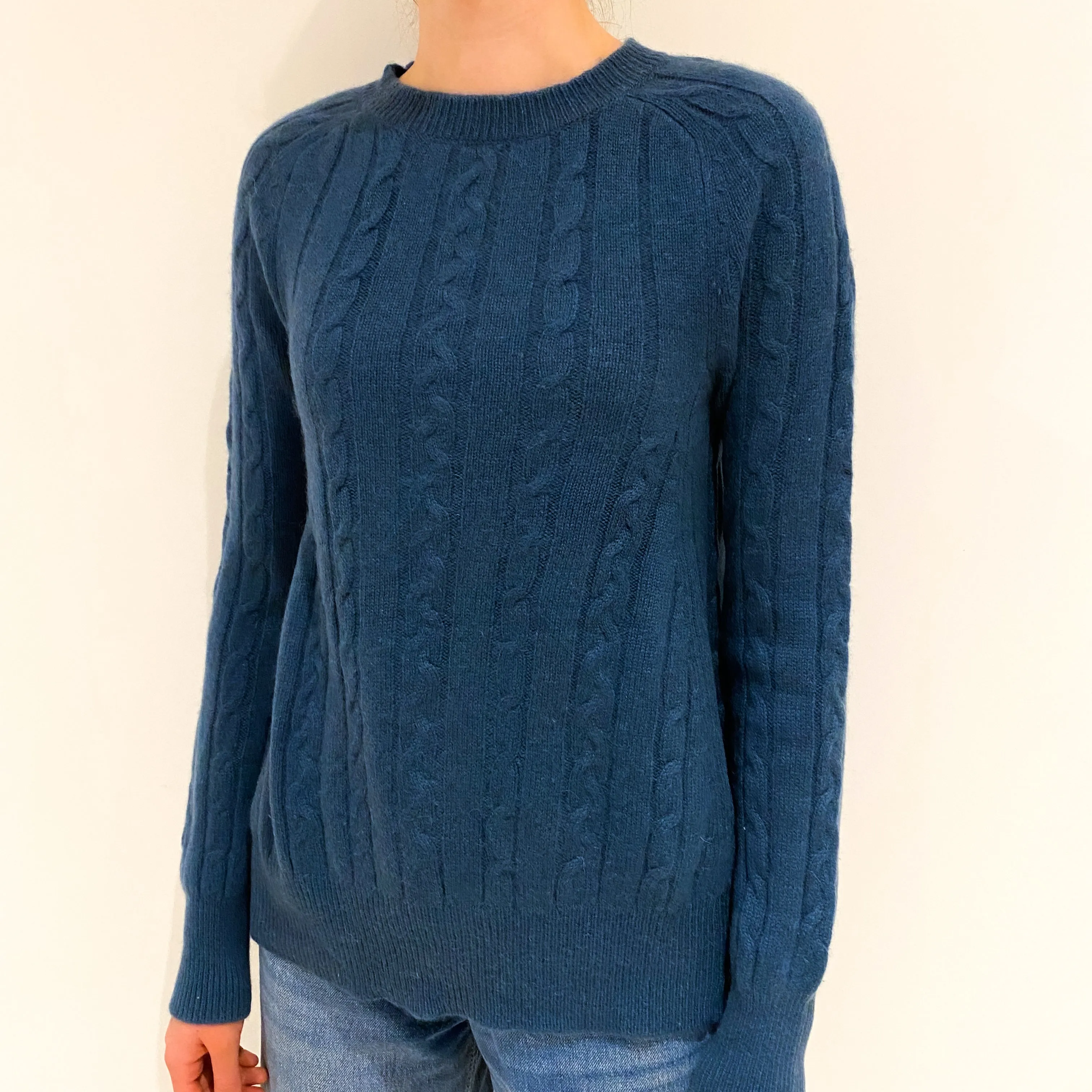 Airforce Blue Cable Knit Cashmere Crew Neck Jumper Extra Small