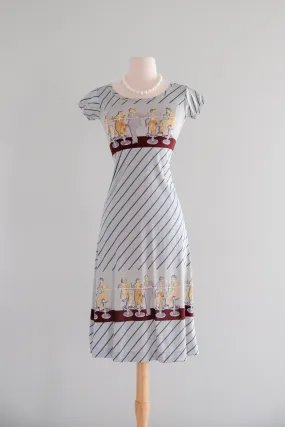Amazing 1970's Wayne Roger’s Diner Scene Novelty Print Dress / Sz Small