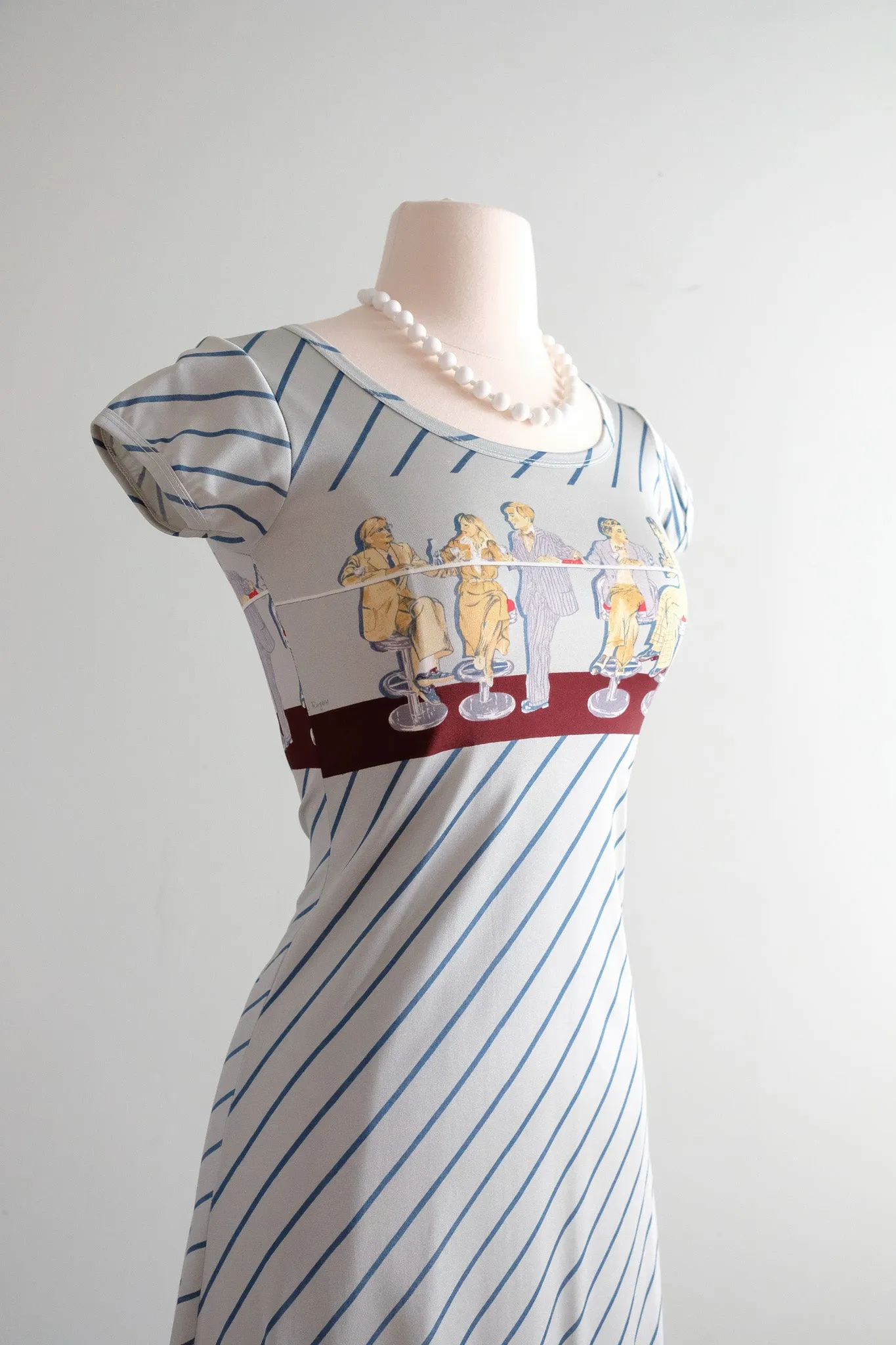 Amazing 1970's Wayne Roger’s Diner Scene Novelty Print Dress / Sz Small
