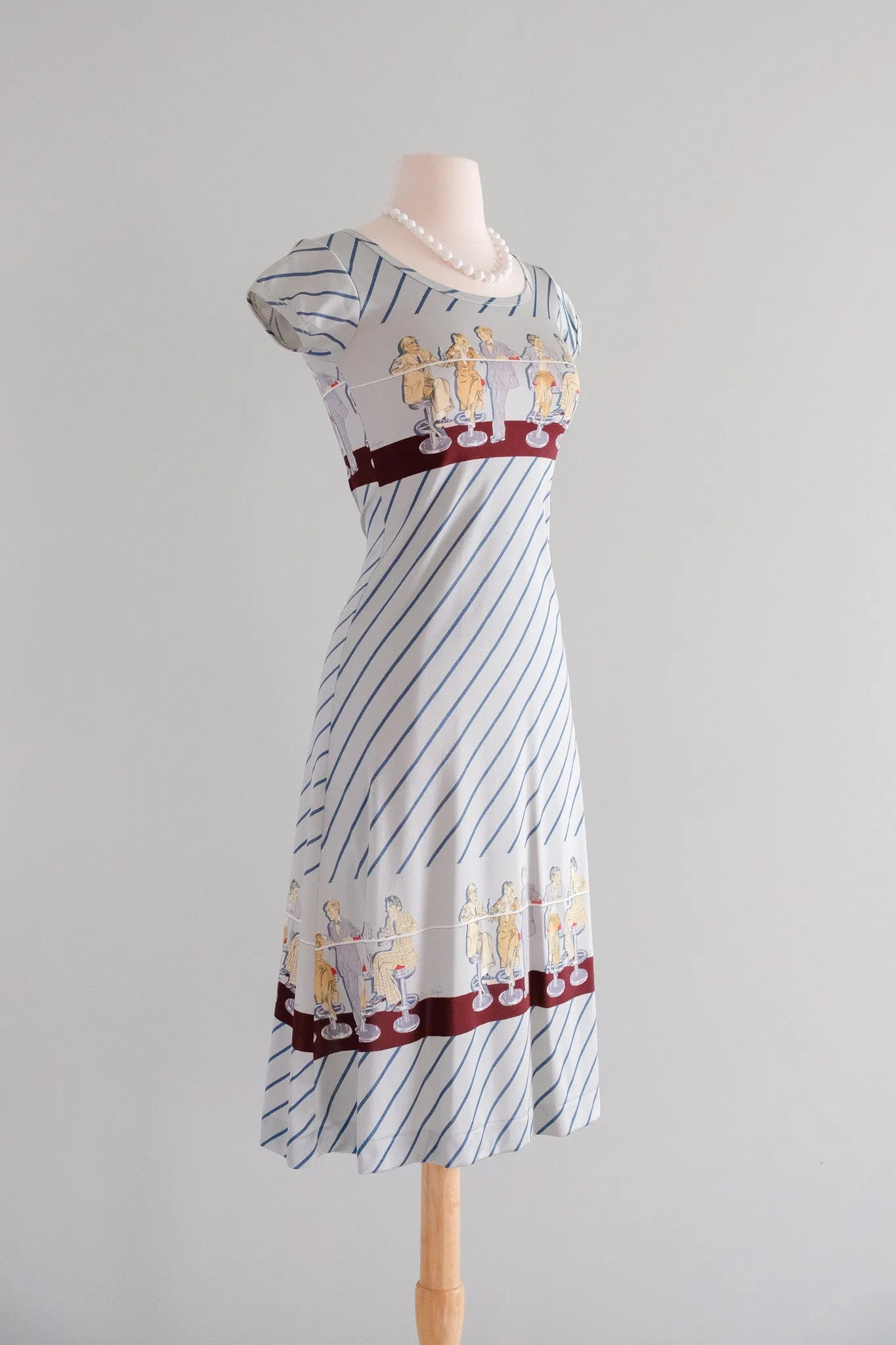 Amazing 1970's Wayne Roger’s Diner Scene Novelty Print Dress / Sz Small