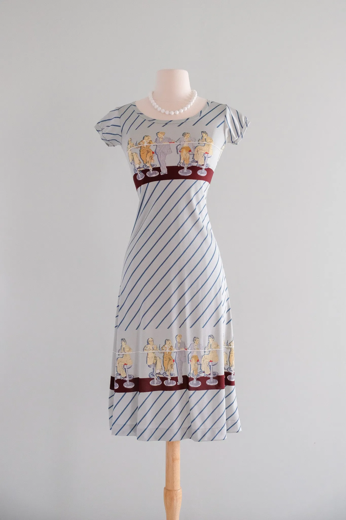Amazing 1970's Wayne Roger’s Diner Scene Novelty Print Dress / Sz Small