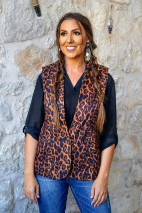 Amber Leopard Printed Sleeveless Blazer