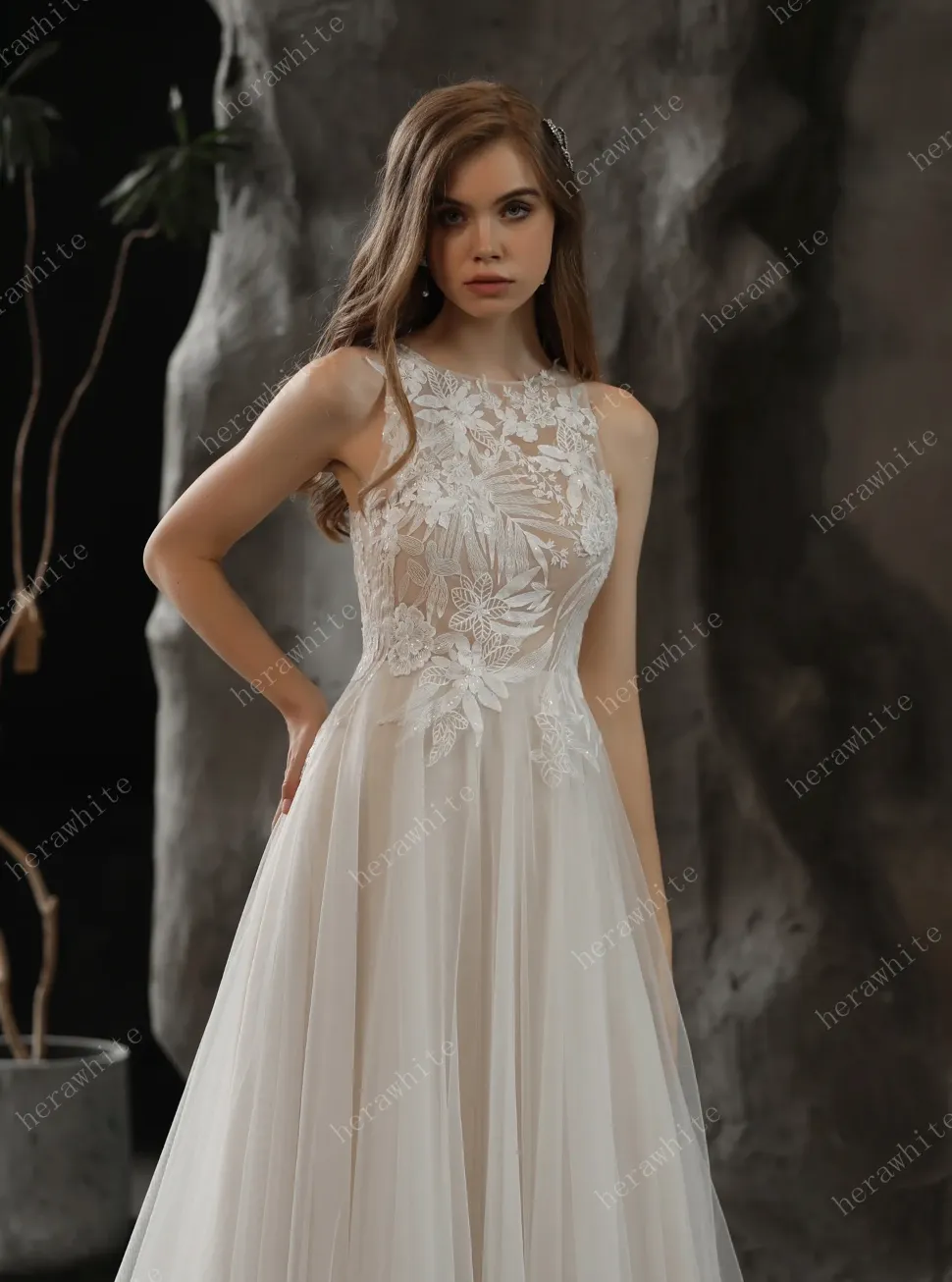 Bateau Neckline A-line Wedding Gown with Sequined Lace
