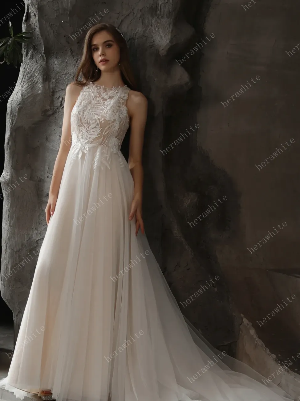 Bateau Neckline A-line Wedding Gown with Sequined Lace