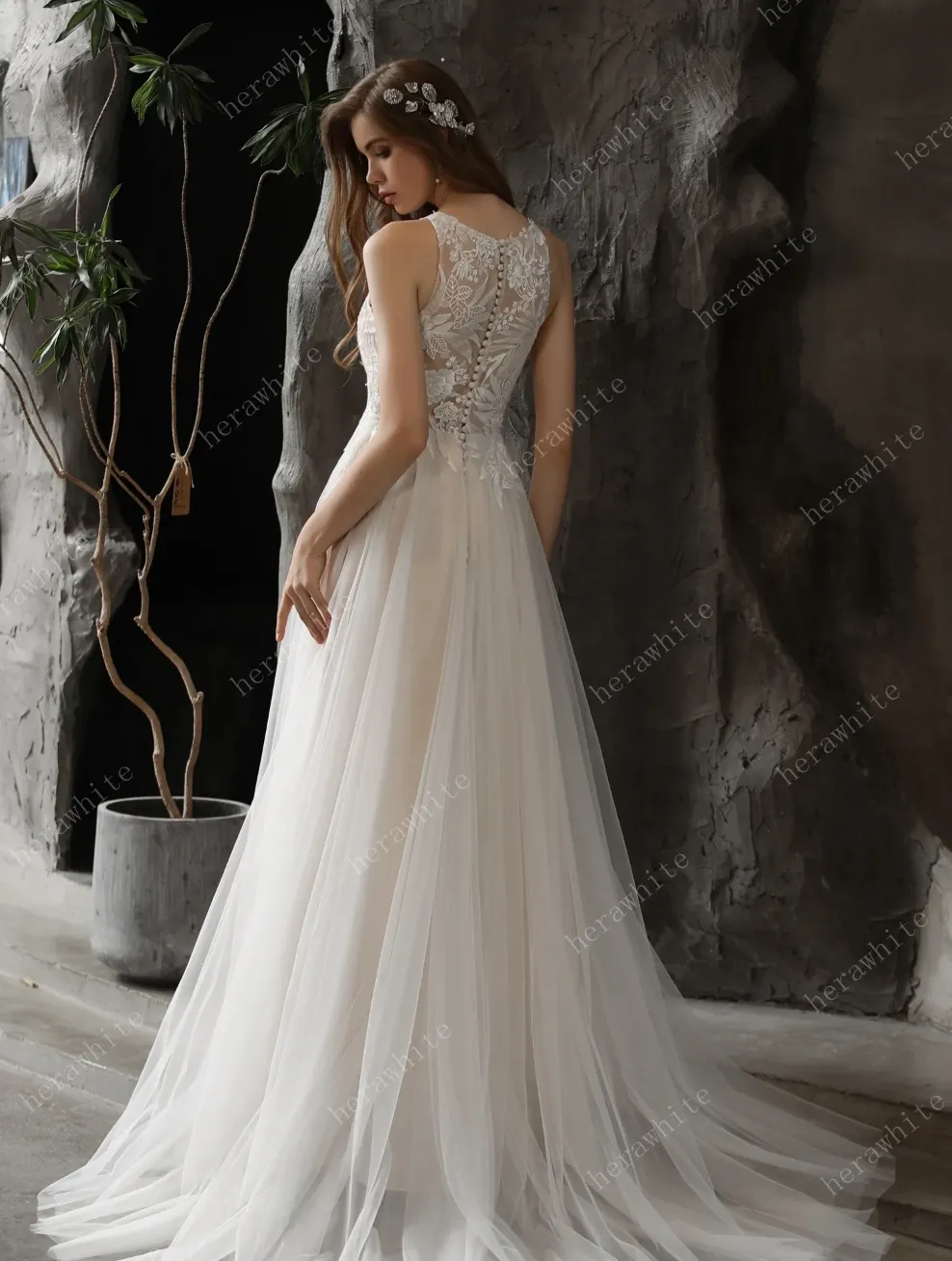 Bateau Neckline A-line Wedding Gown with Sequined Lace