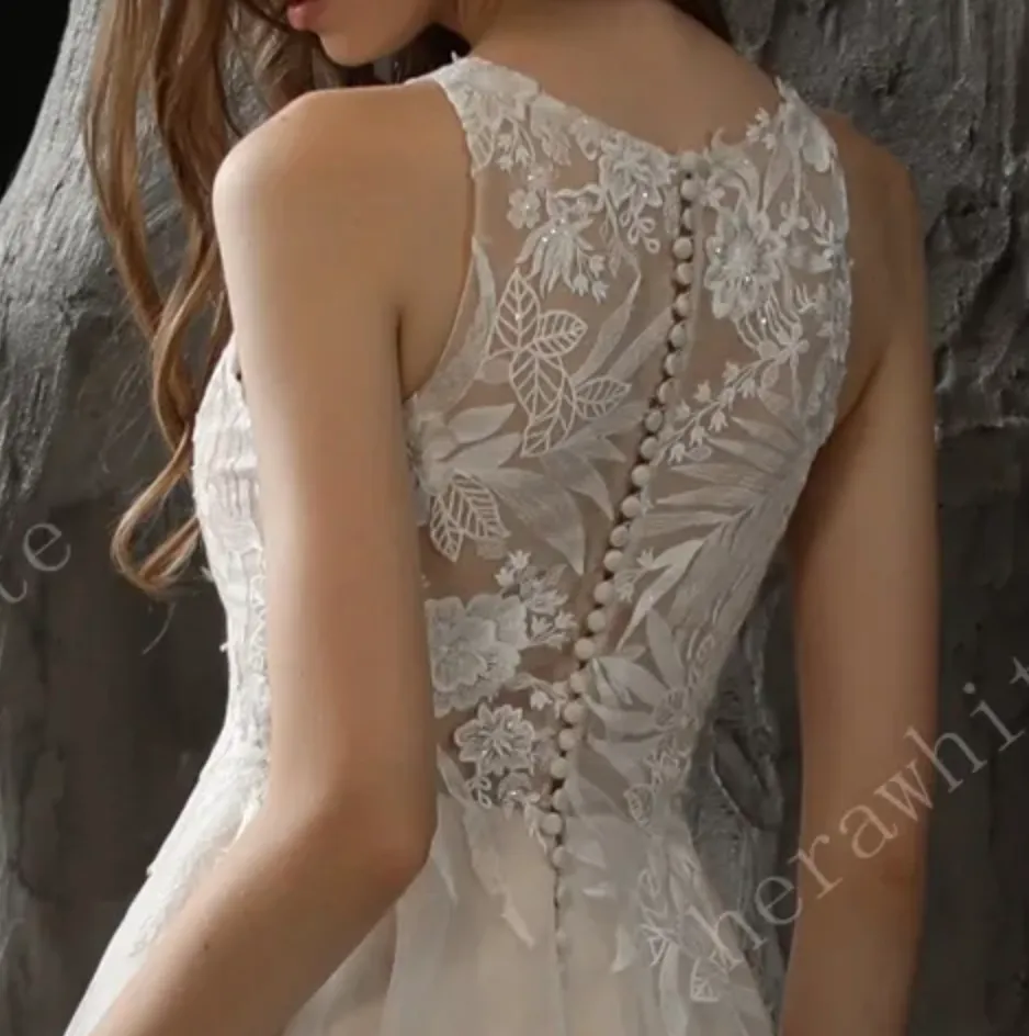 Bateau Neckline A-line Wedding Gown with Sequined Lace