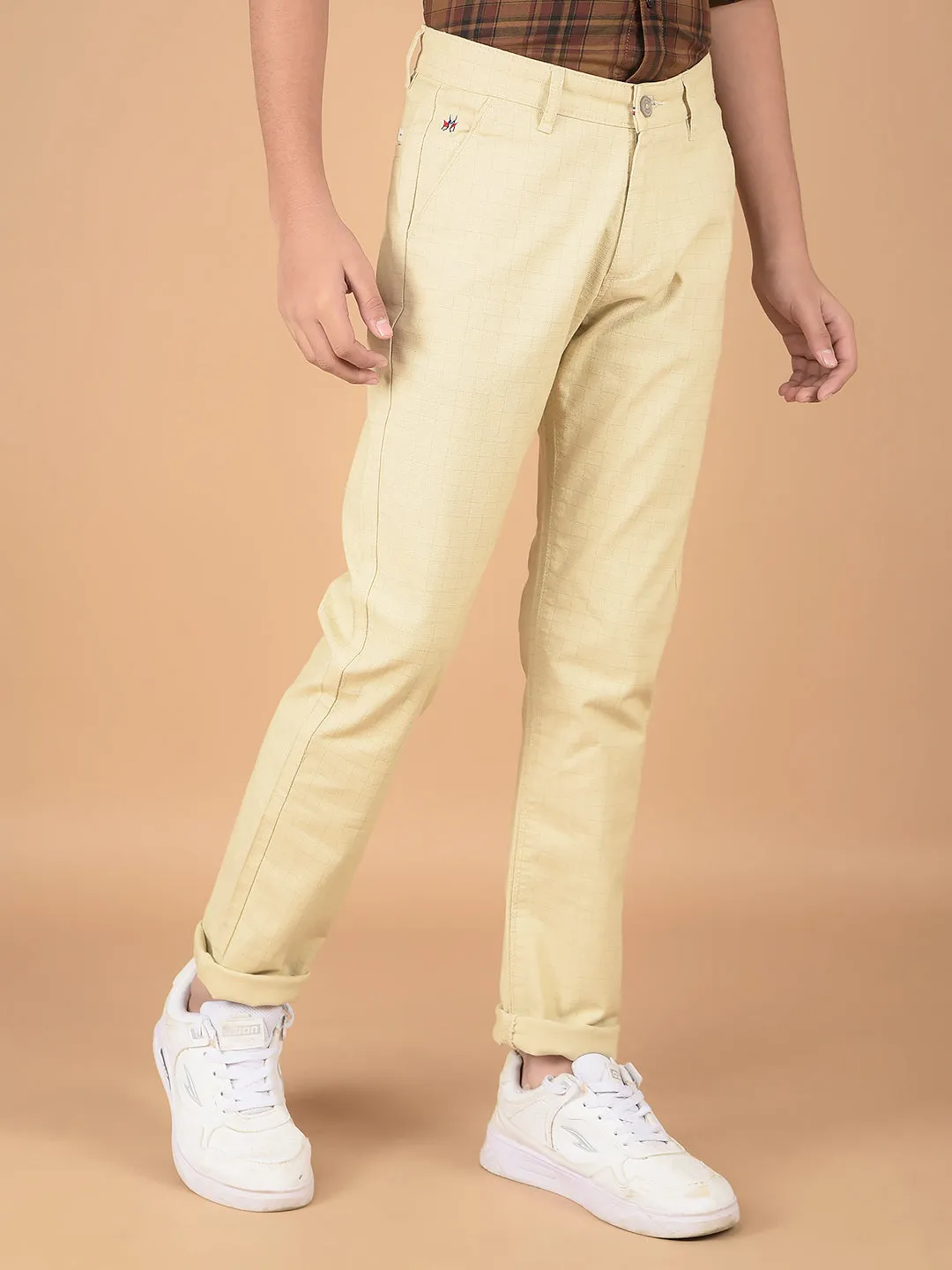 Beige Checked Cotton Chinos