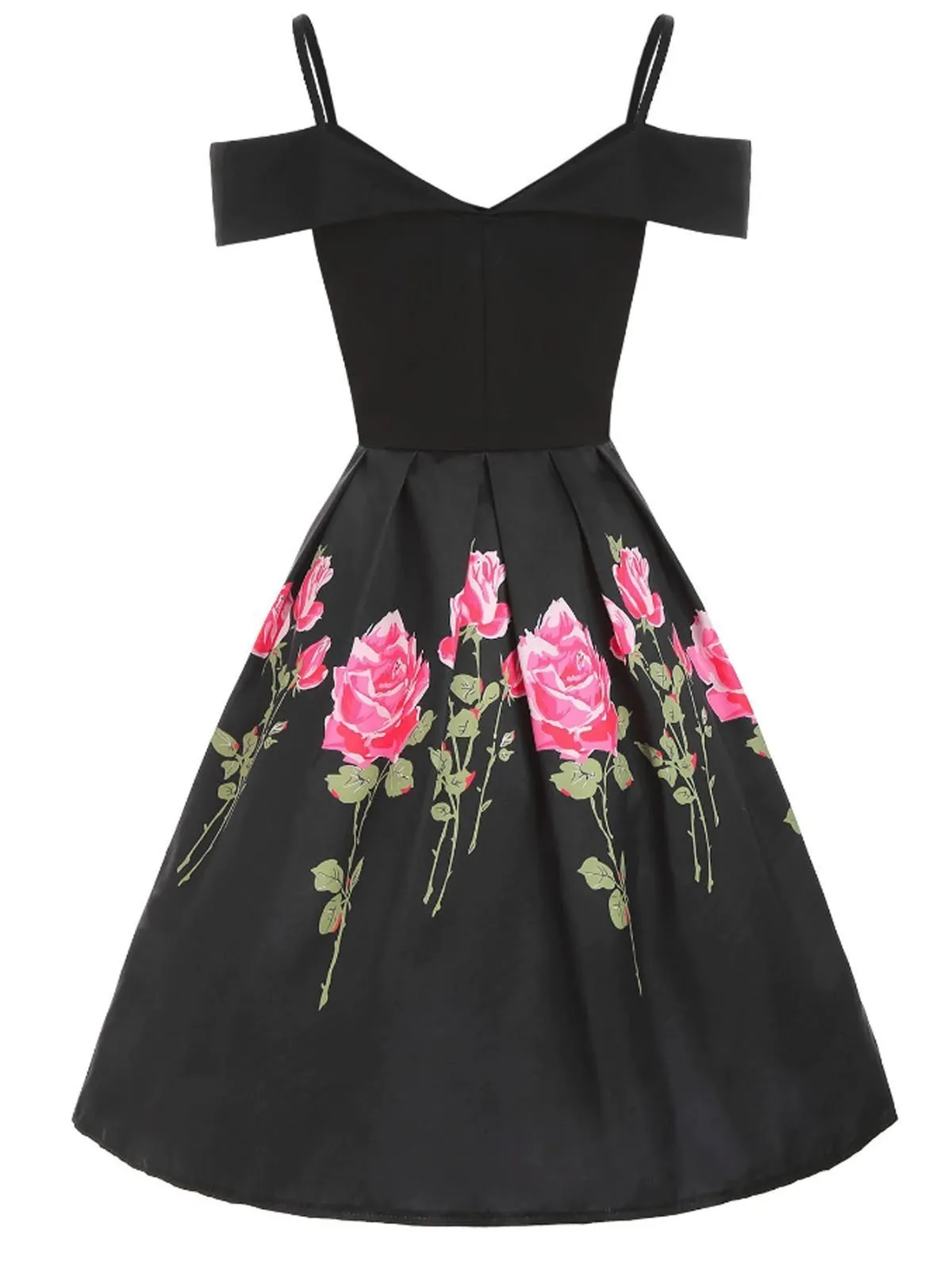 Black 1950s Floral Cold Shoulder Dress